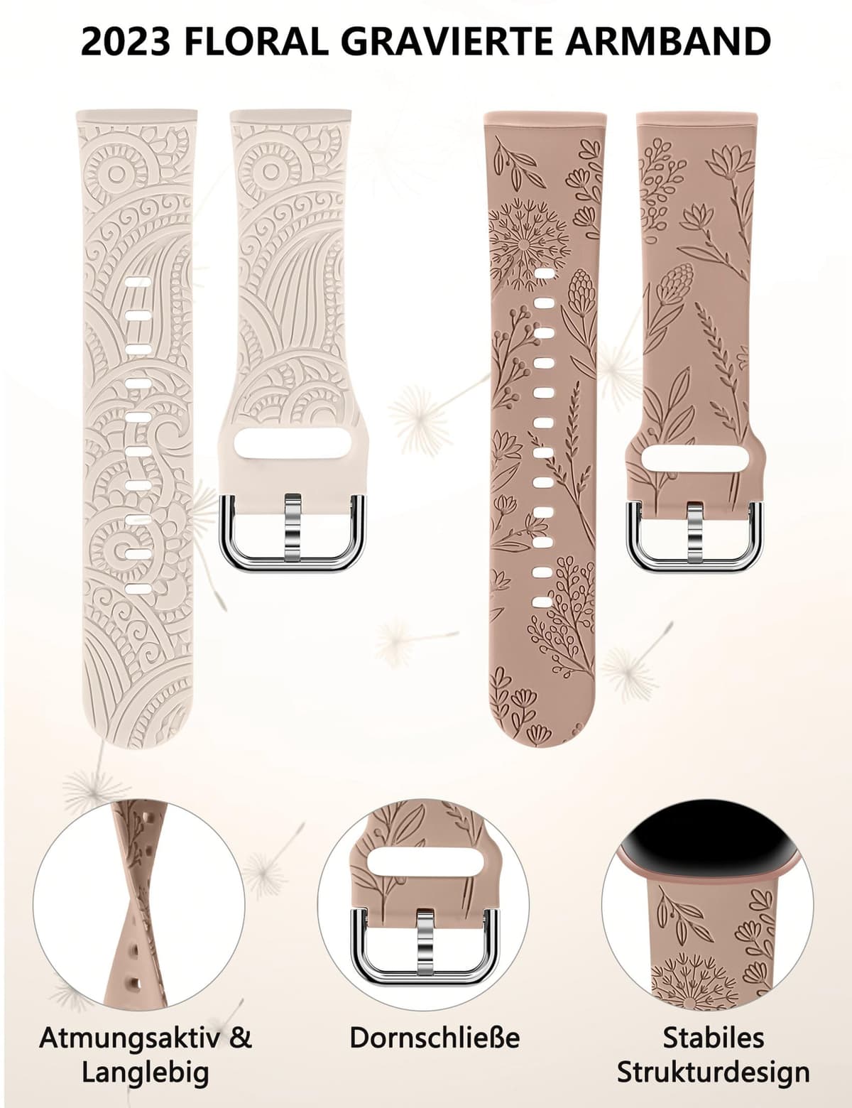 Brățară gravată floral pentru Fitbit Versa 4/3/Sense 2 – Boho Henna/floare păpădie