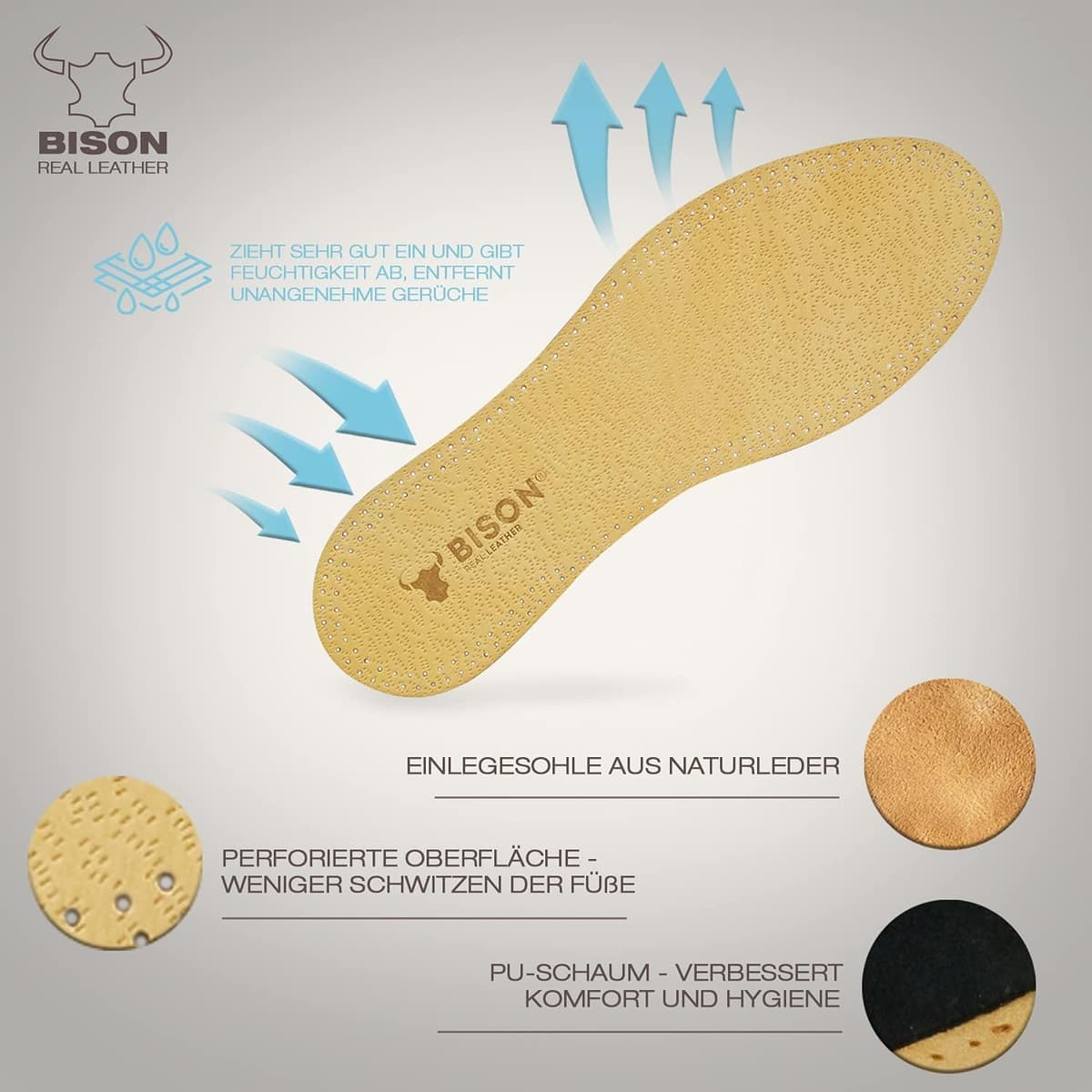 BISON branțuri piele cu plută naturală - 3 perechi branțuri anti-transpirație - branțuri piele pantofi (37/38)