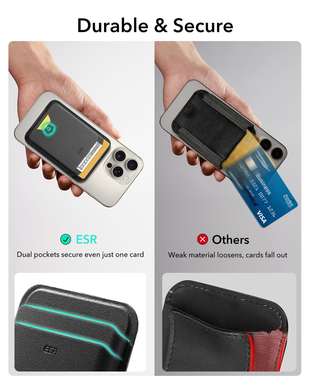 ESR pentru MagSafe Portofel, 5 Sloturi Carduri, Portofel iPhone cu Putere Magnetică 3200g, Piele Vegană, pentru iPhone 16/15/14/13/12 Negru