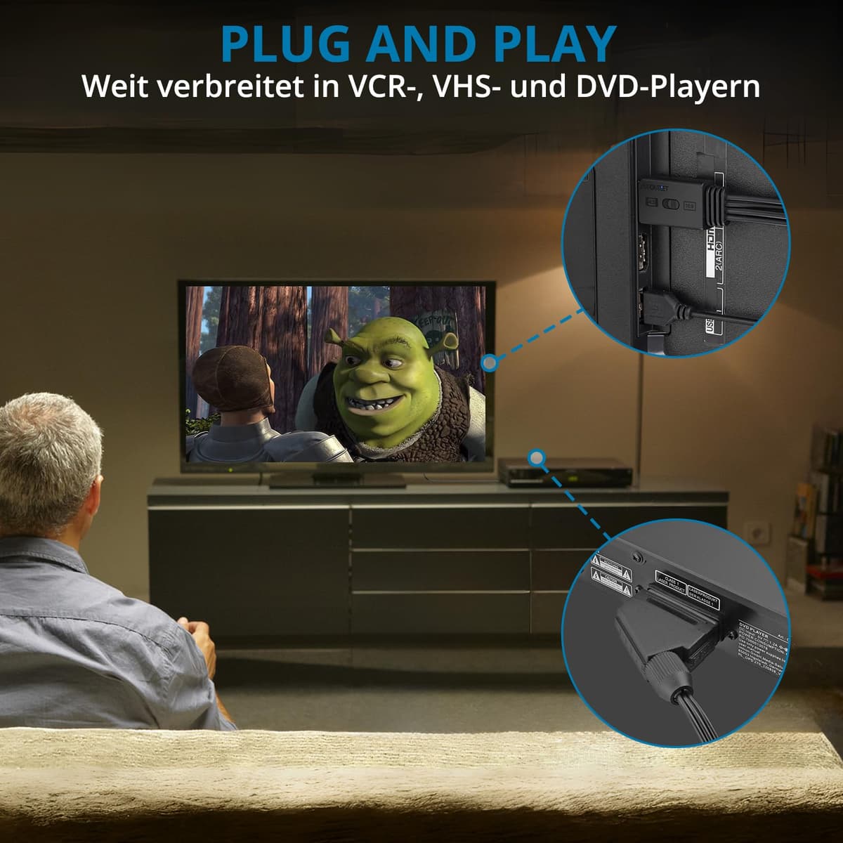 Convertor RCA la HDMI 1080P cu Cablu Scart 150cm, Adaptor AV la HDMI pentru HDTV – Negru