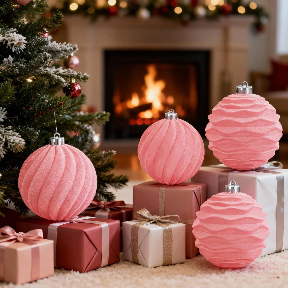 Miaikoe 2 BUC Ornamente glob Crăciun catifea mari rezistente agățare – Roz 15cm