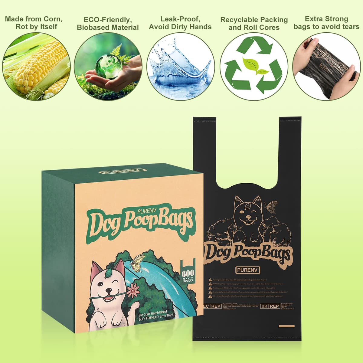 PURENV pungi biodegradabile excremente câine 600 buc, extra groase, parfum levănțică