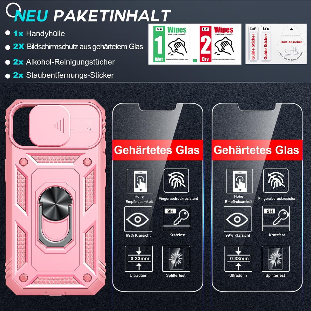 Husă iPhone 13 Protecție Militară cu 2 Folii Protecție Ecran – Roz