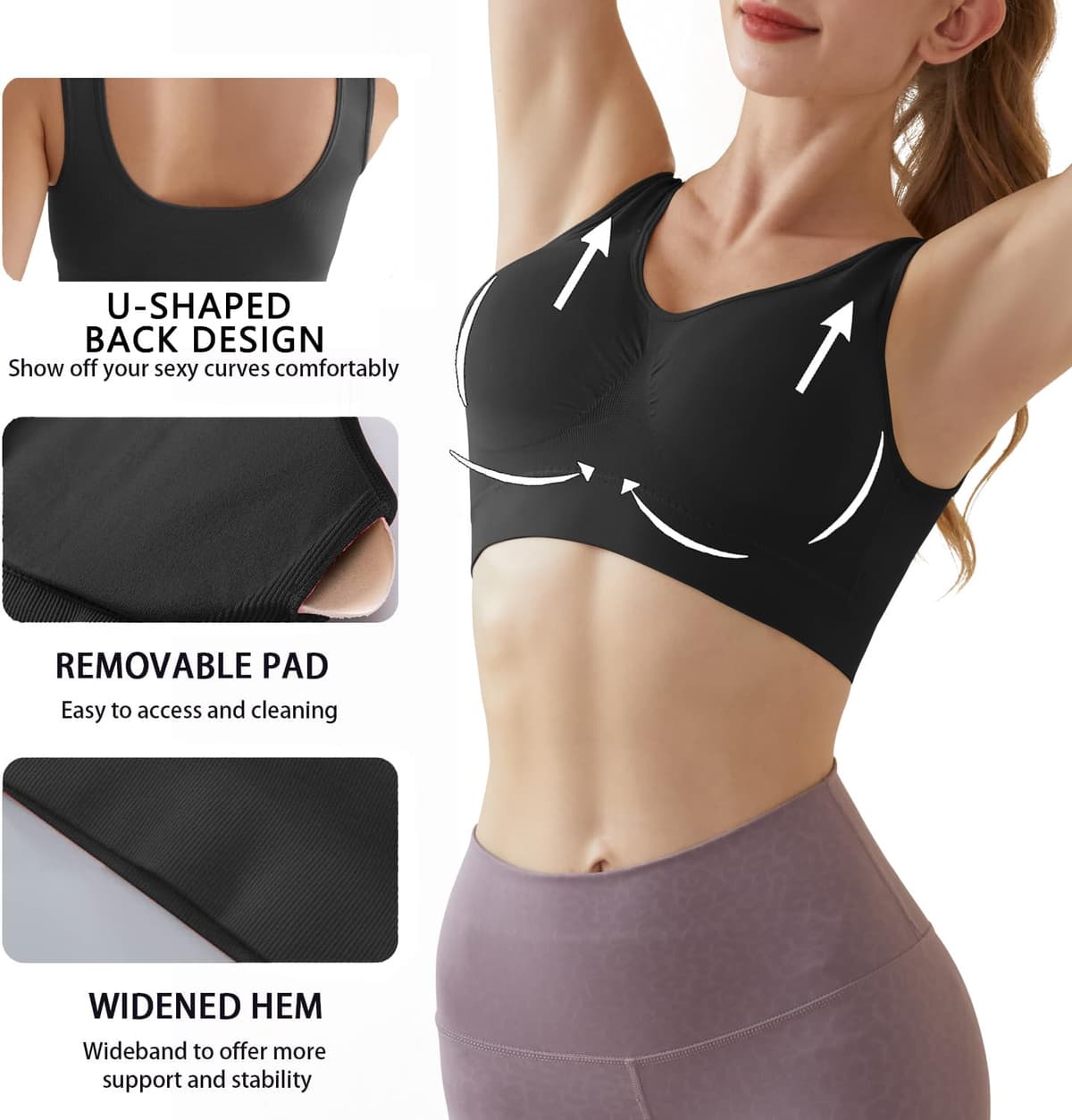 Memoryee sutien sport femei sâni mari suport puternic push-up fără sârmă set 3 buc negru 4XL