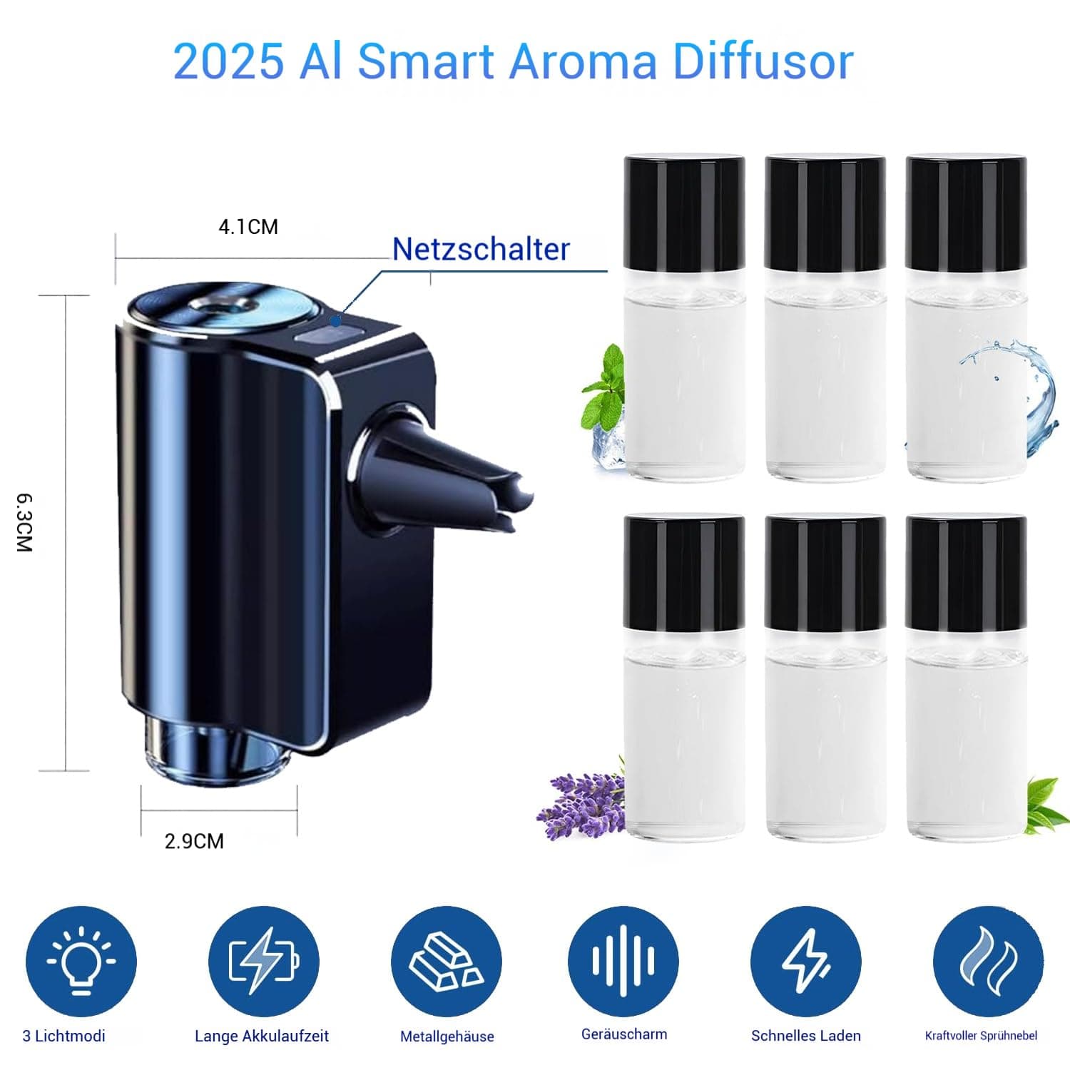 Odorizant auto electric Towonshy 6 bucăți, atomizor ultrasonic, 3 moduri inteligente, pornire/oprire automată, baterie încorporată, parfum natural francez, 12 luni prospețime