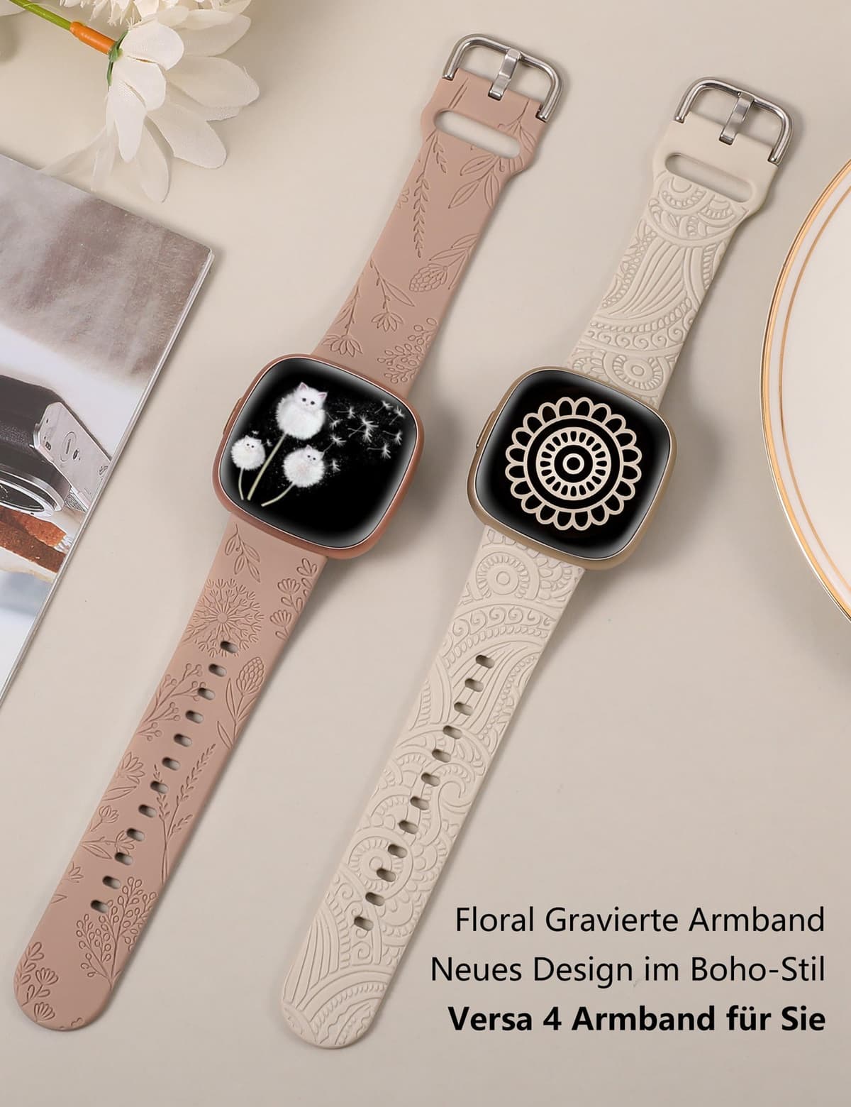 Brățară gravată floral pentru Fitbit Versa 4/3/Sense 2 – Boho Henna/floare păpădie