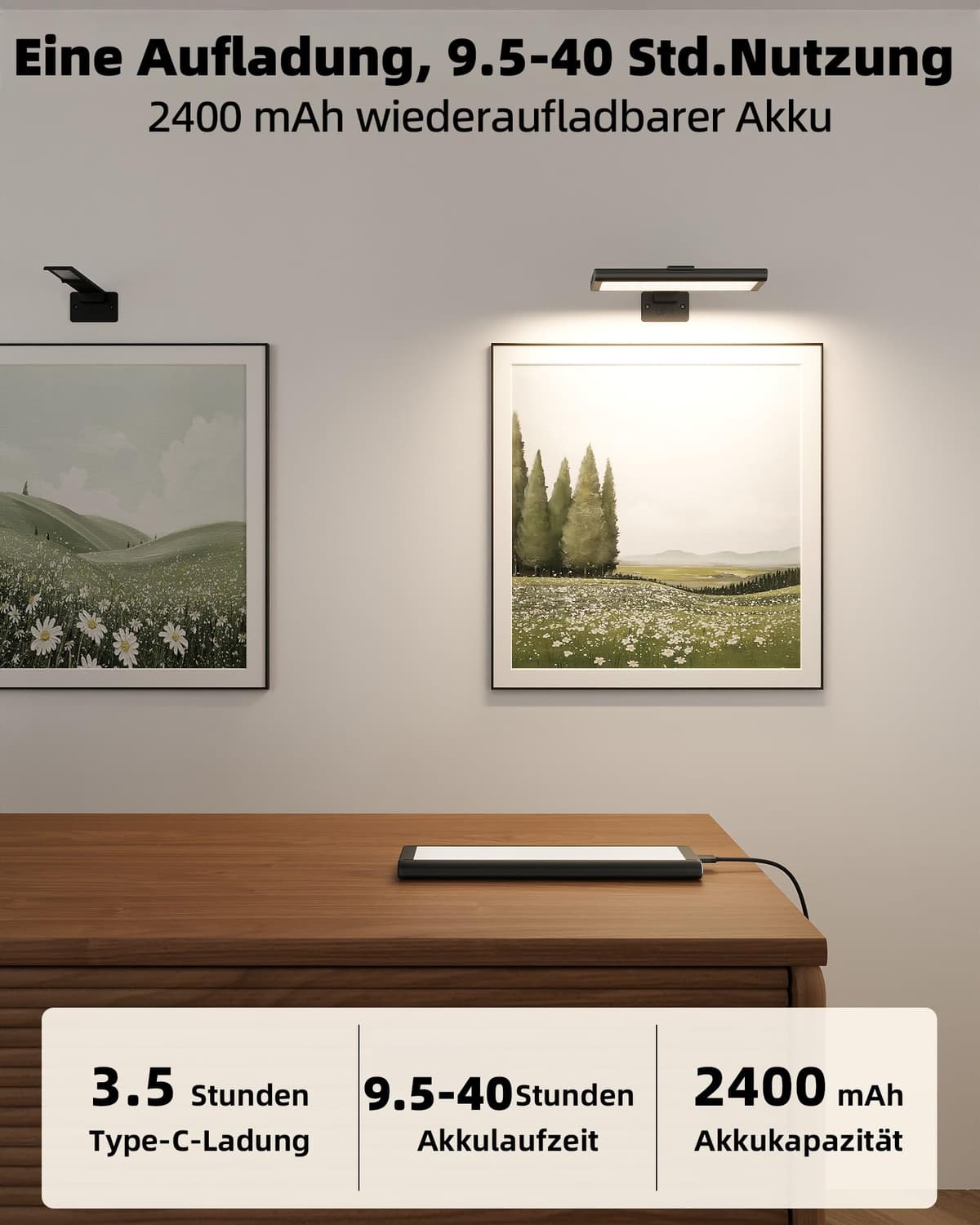 Iluminat wireless tablouri aplică interior calitate muzeu – negru 1 bucată