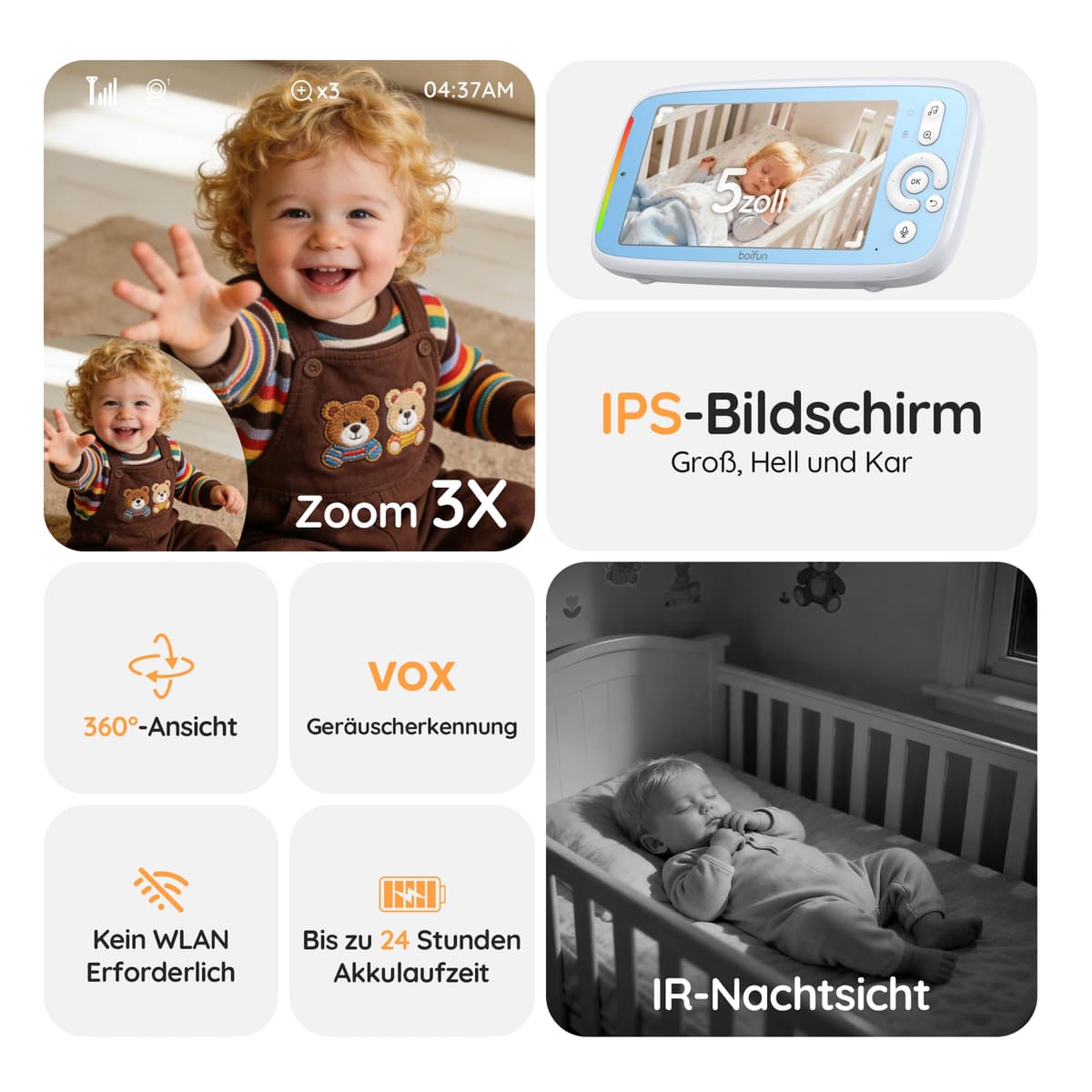 BOIFUN monitor bebeluș cu 2 camere display 5 inch - vedere 360 grade