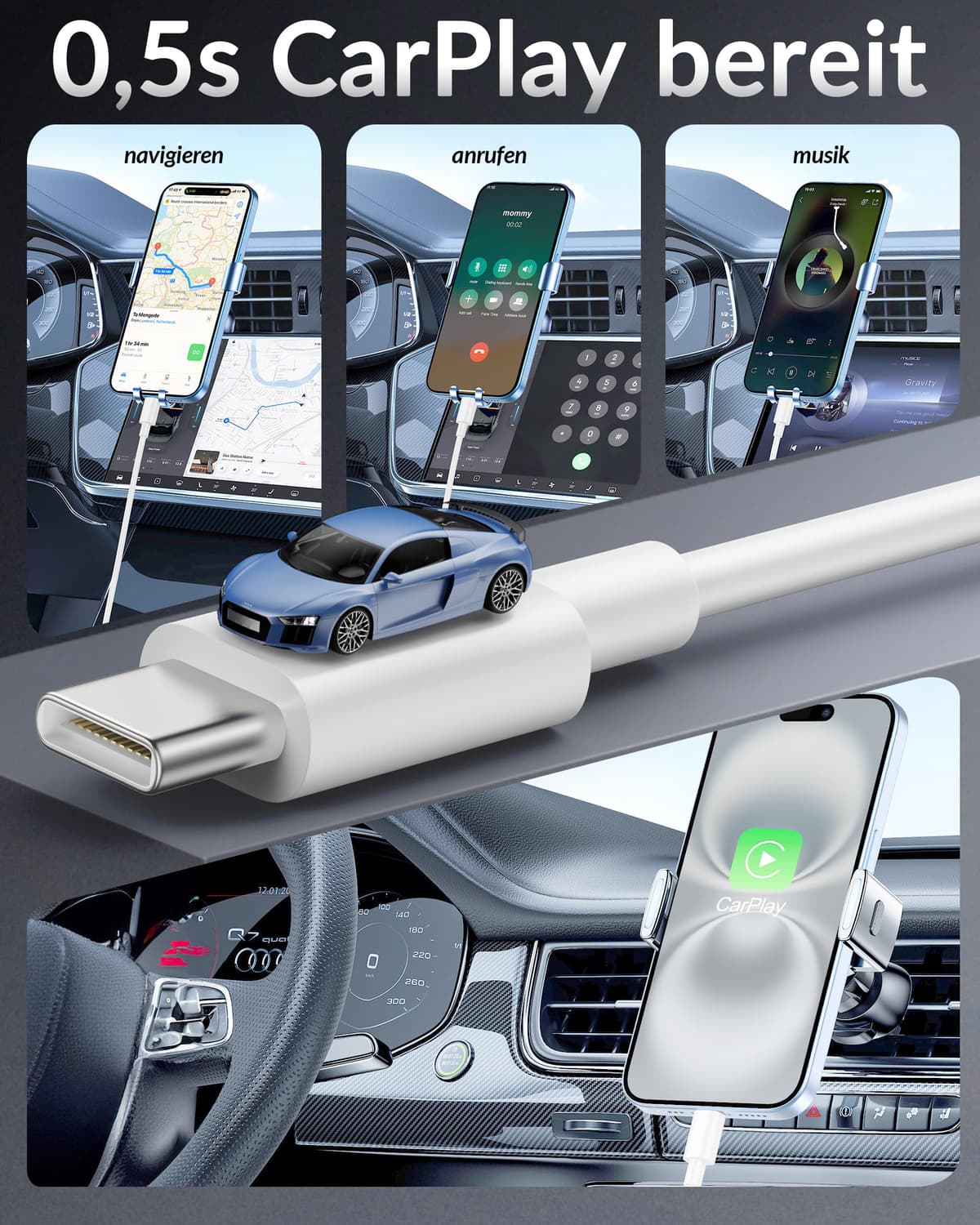 Cablu USB A la USB C CarPlay iPhone 16e/17/16/15 Pro Max/Plus încărcare, 2buc 1M cablu USBC iPad Galaxy Pixel Android accesorii tip C auto încărcător 3FT