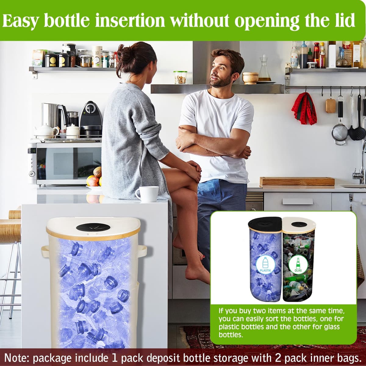 Colector sticle goale depozit container capac 100L, depozitare sticle deșeuri 2 buzunare interioare detașabile bej