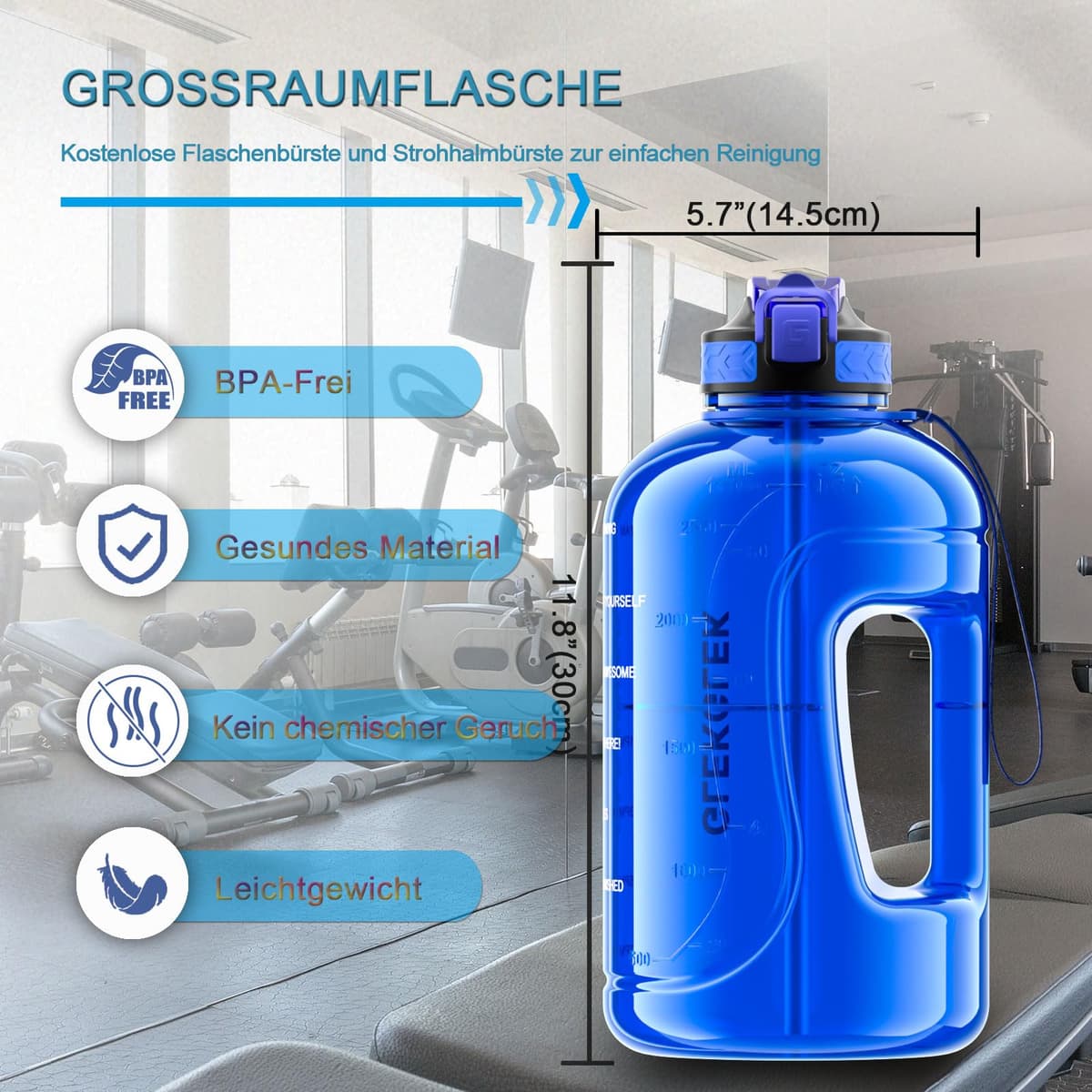 GLEKGLEK sticlă de apă motivațională 3L pentru sală cu pai etanșă pentru sport fitness drumeții (albastru)