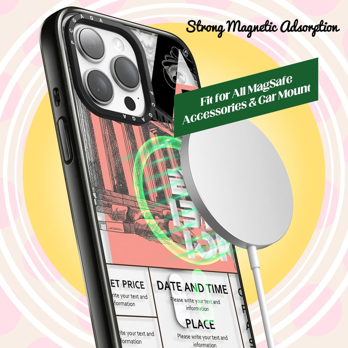 pcgaga husă iPhone 15 Pro Max, compatibilă MagSafe, magnetică cu lanț telefon folie protecție