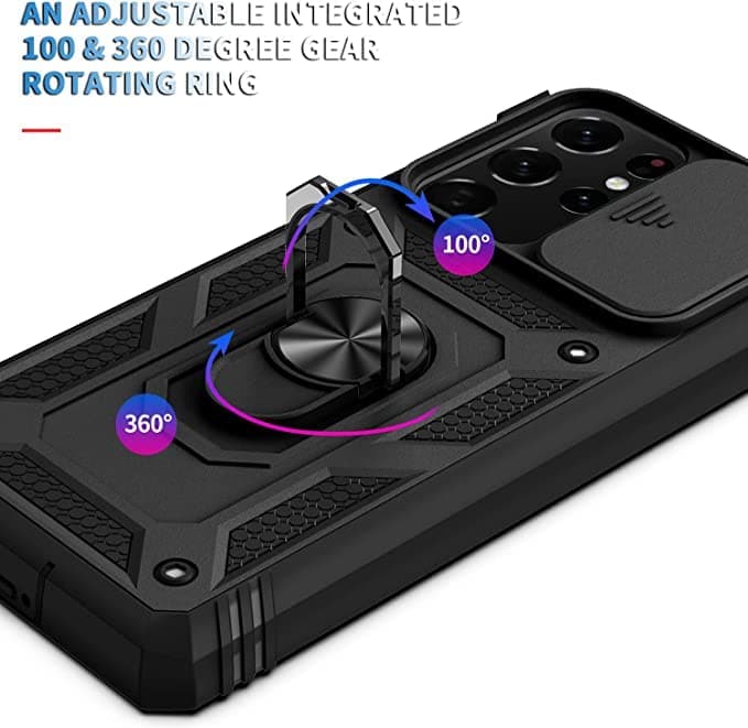 Whyzshiyi husă Samsung Galaxy S21 Ultra cu protecție cameră capac glisant, husă militară cu suport inel - negru