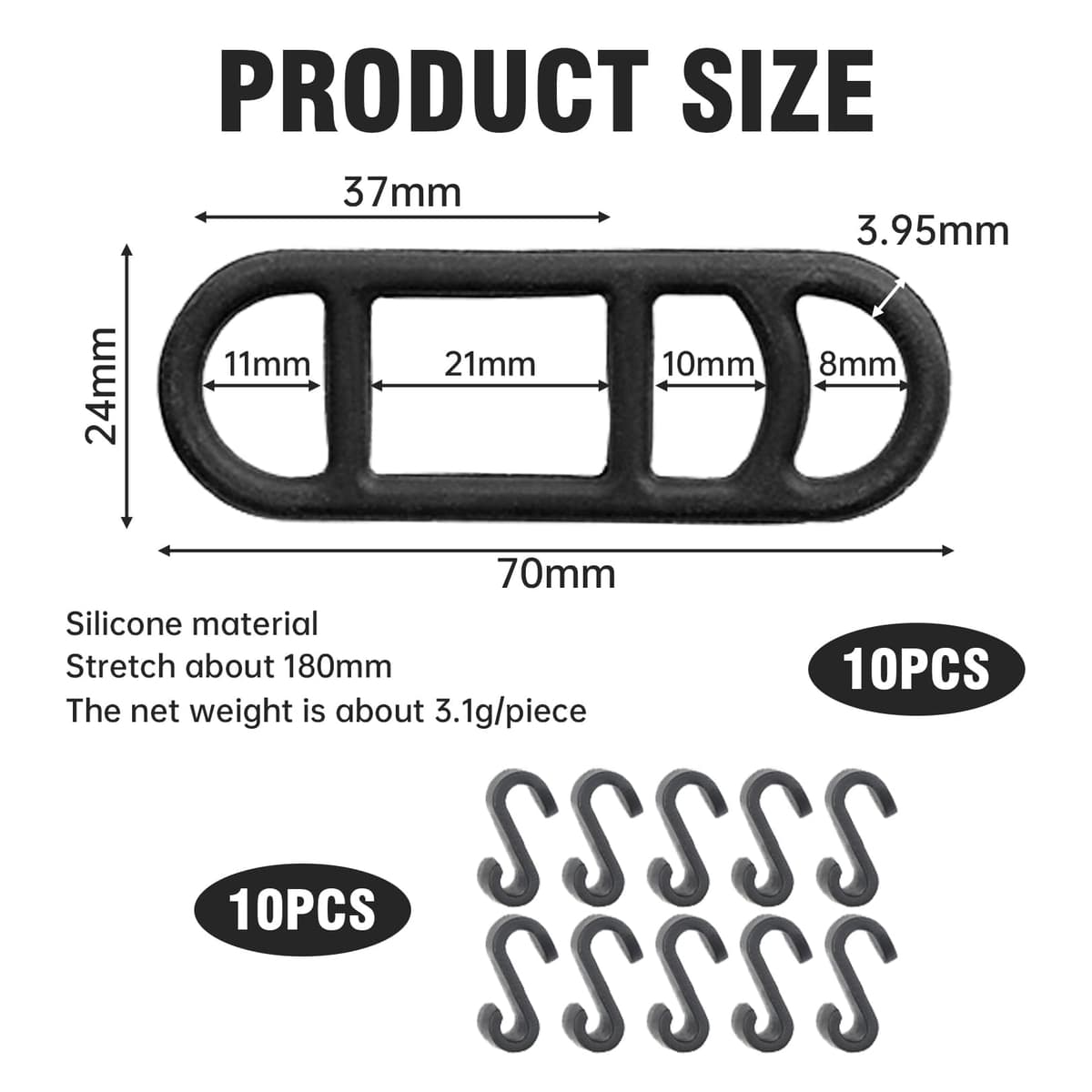 Set curele silicon pentru lumini bicicletă 10x curele 4 găuri + 10x cârlige S – Cauciuc montaj