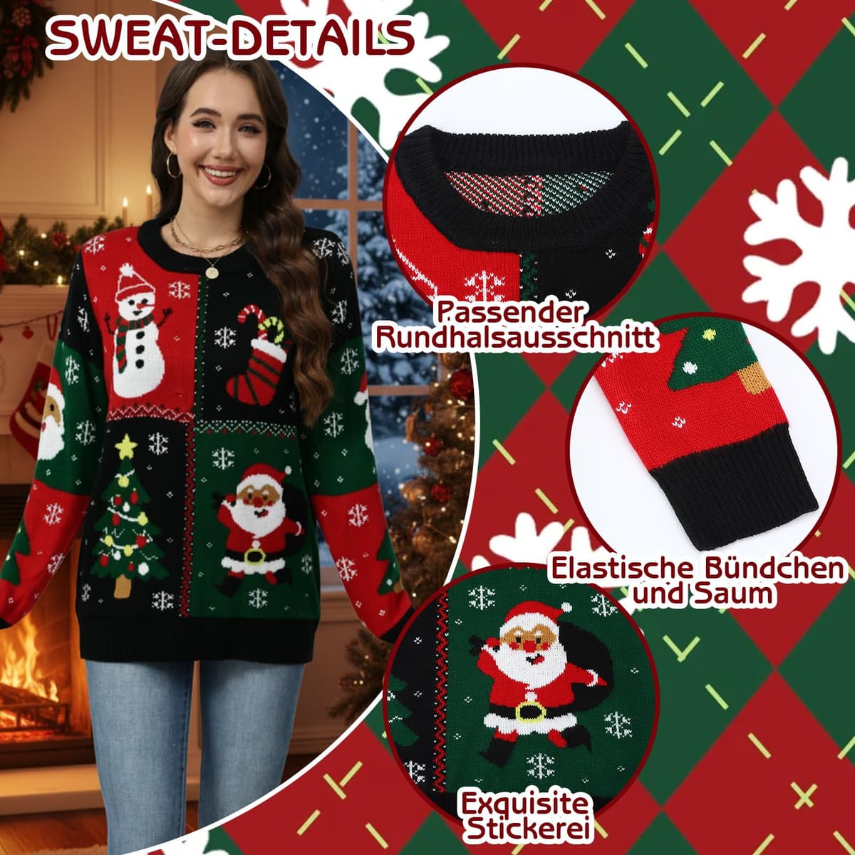 Pulover de Crăciun amuzant cu gât rotund tricotat - culori asortate, L