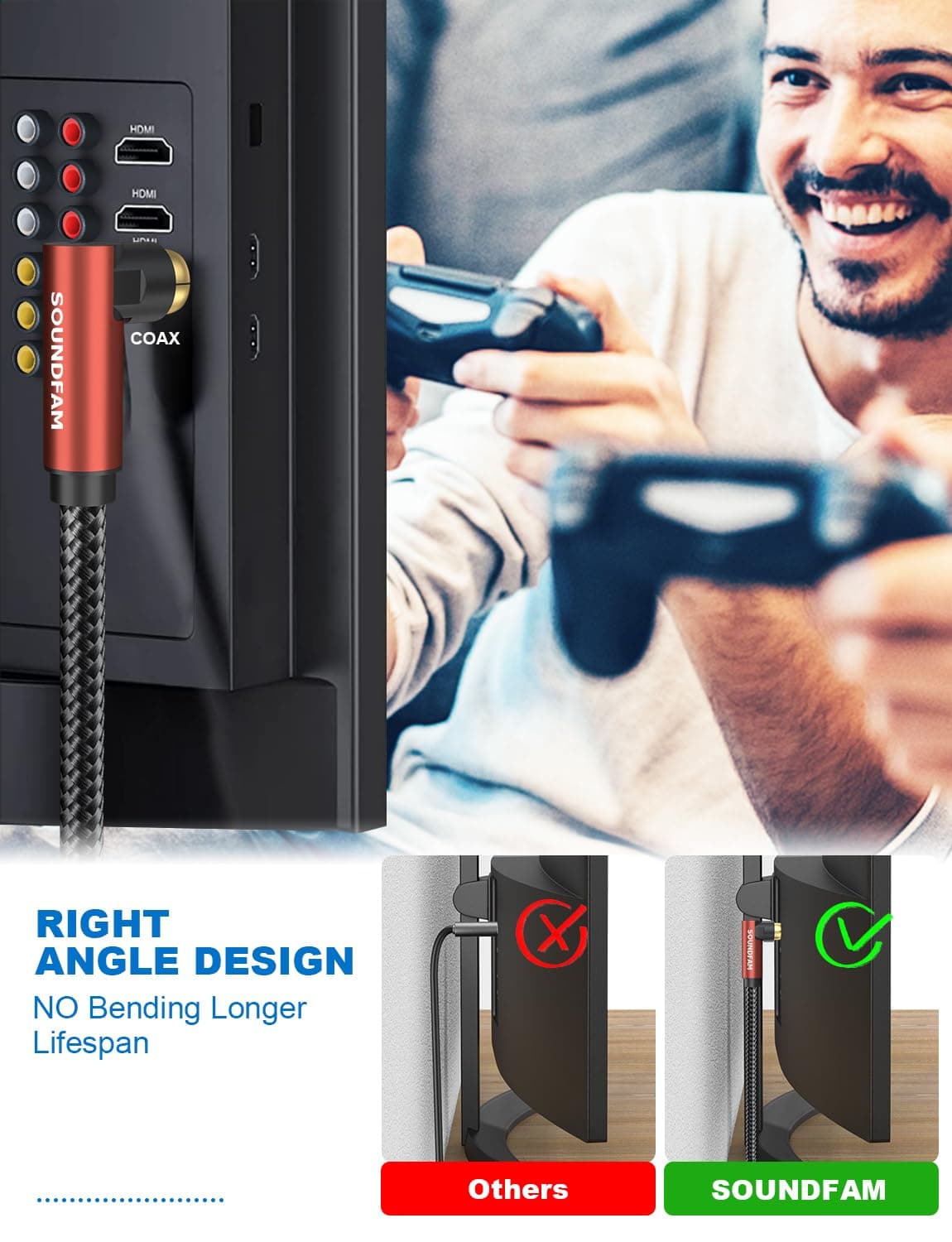 Cablu subwoofer SOUNDFAM 2M 90 grade unghi drept RCA audio digital coaxial TV soundbar – roșu vin