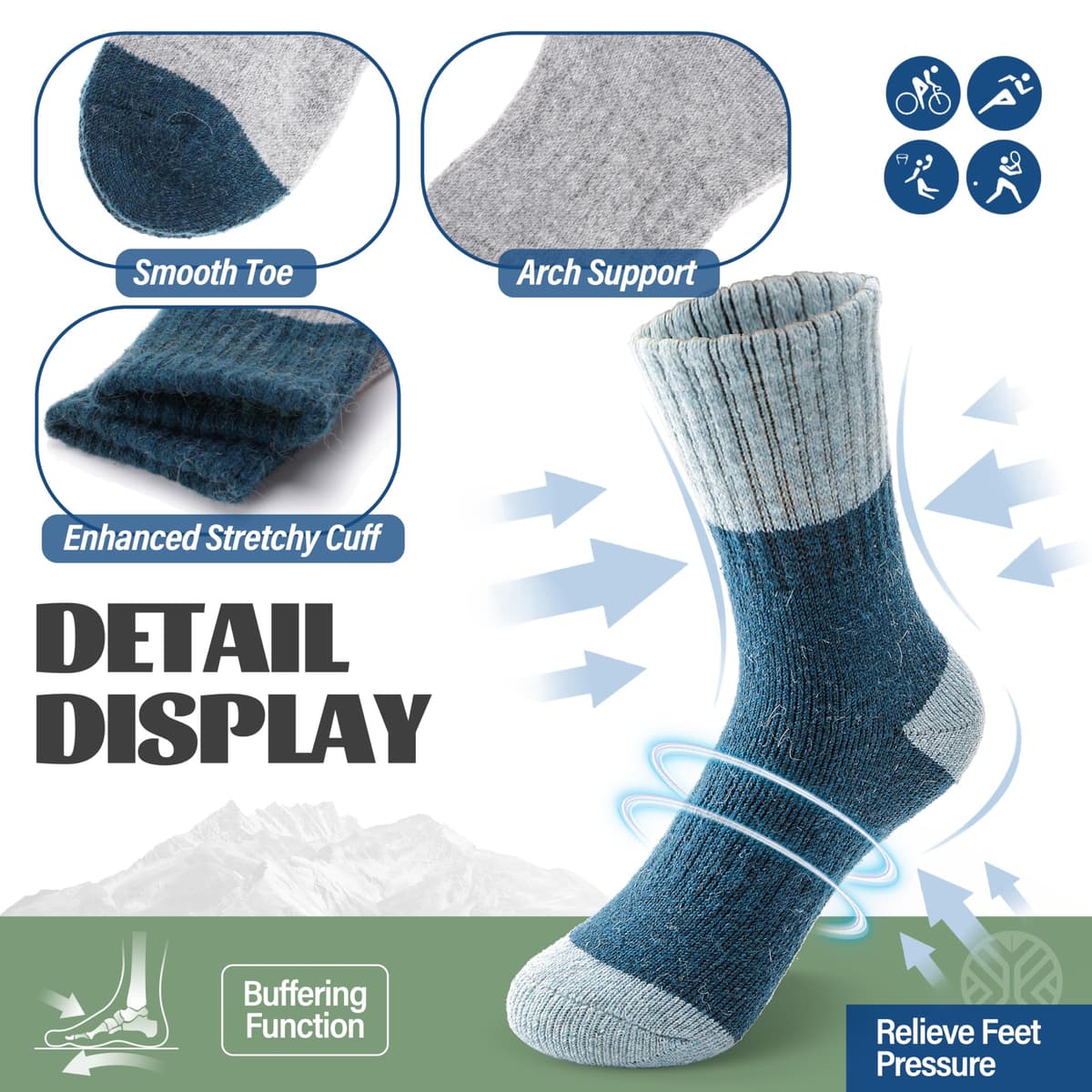 Șosete lână merino drumeții copii 6 perechi – termale groase căptușite iarnă – bloc culori 26-29