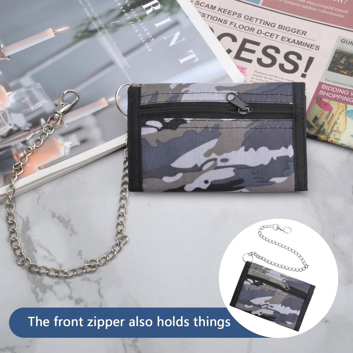 Portofel băieți cu lanț clip subțire camuflaj gri pliabil triplu – gri