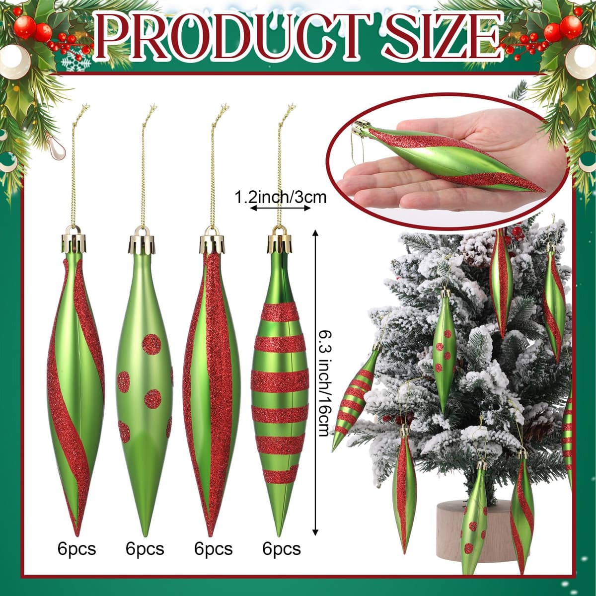 Ornamente Crăciun 24 buc 16×3cm decorațiuni mentă cu sclipici – roșu/verde