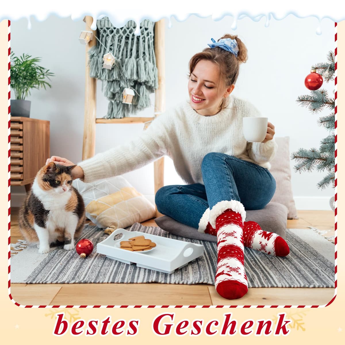 Papuci de Crăciun 3 perechi antiderapanți sosete moi de iarnă – temă pisică