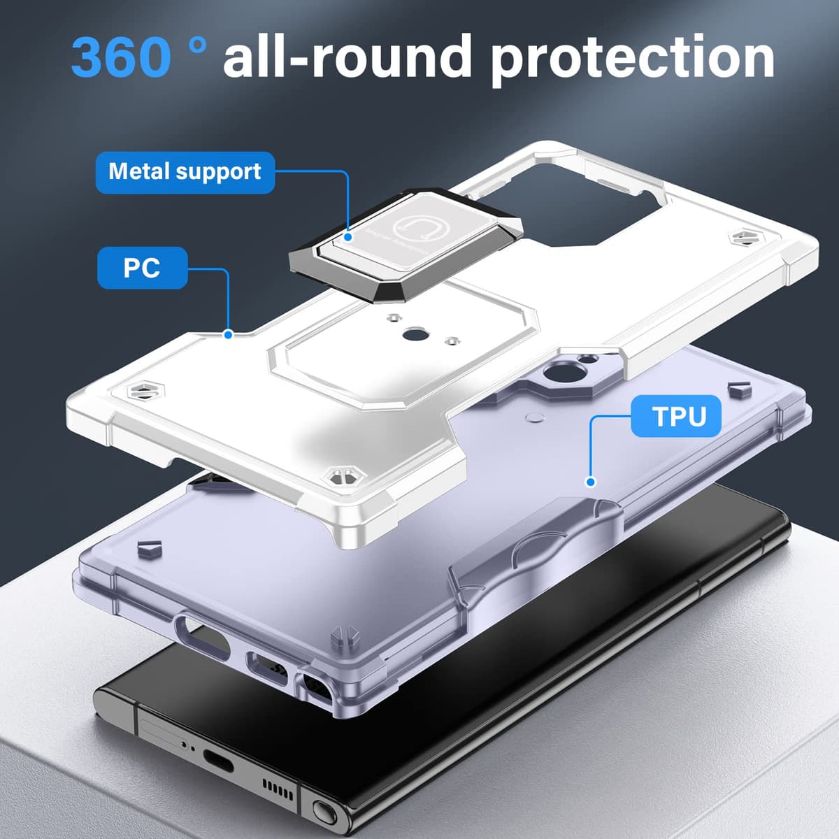 Whyzshiyi husă Samsung Galaxy S21 Ultra 5G cu suport inel, PC+TPU dublu strat protecție anti-șoc - alb