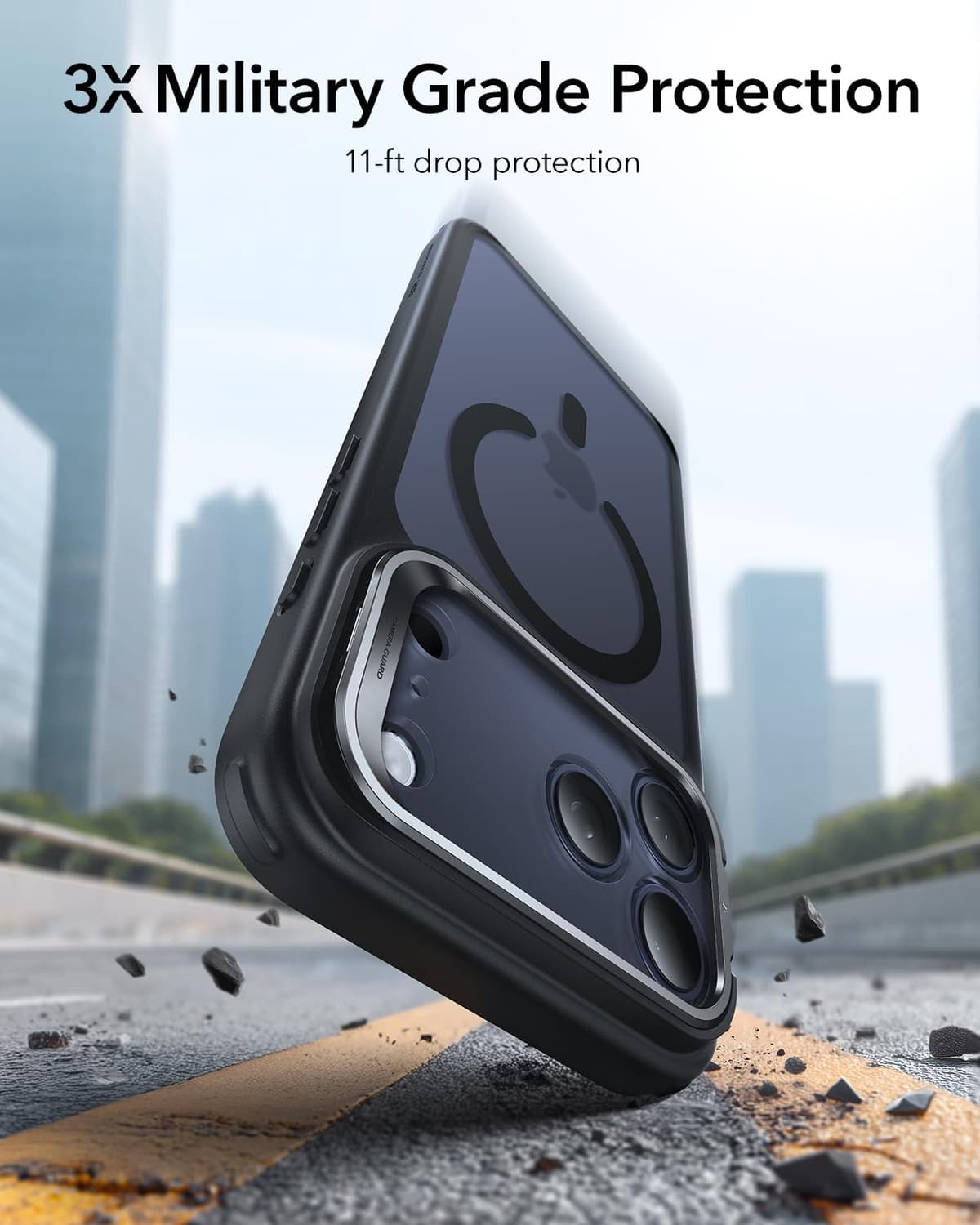 Husă iPhone 17 Pro Max compatibilă MagSafe cu suport încorporat protecție militară – negru mat