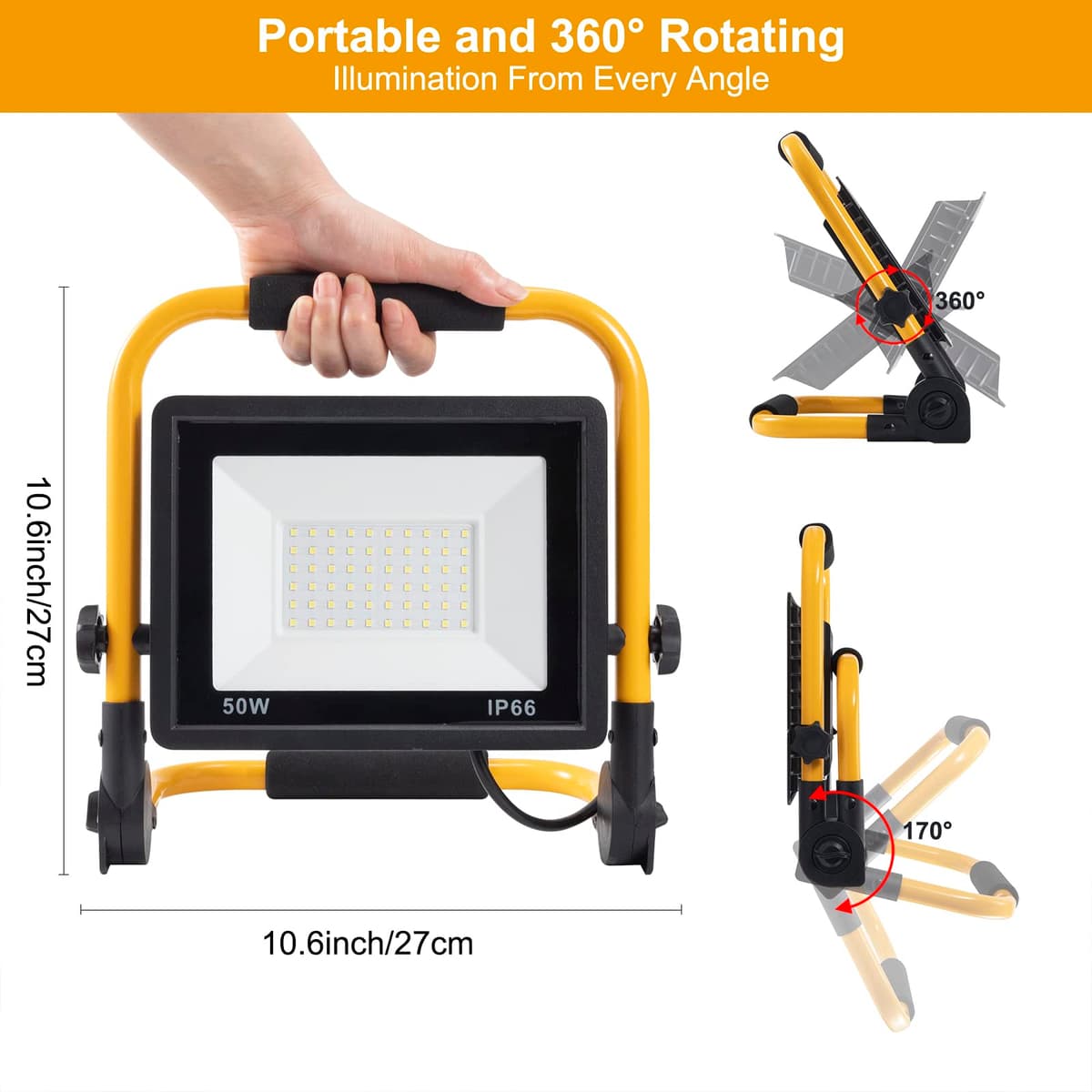 Proiector LED șantier 50W 5000LM IP66 cu cablu 4M portabil pentru atelier garage 6500K