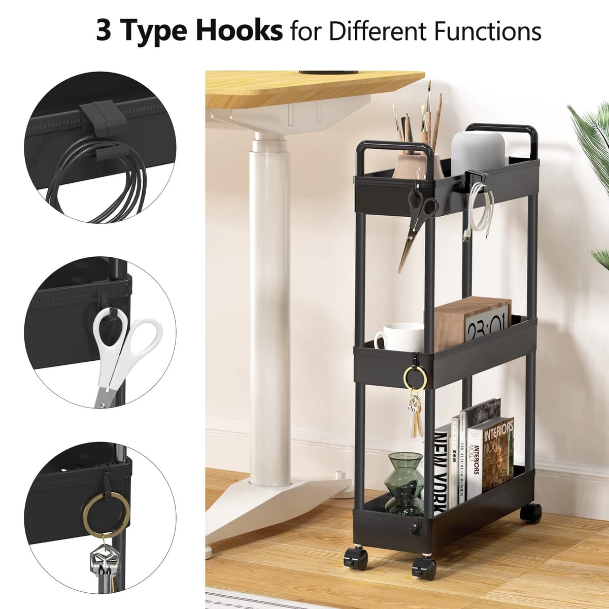 SOLEJAZZ cărucior bucătărie 3 niveluri pe roți pentru spații înguste, plastic cu mânere 13x40x61cm negru