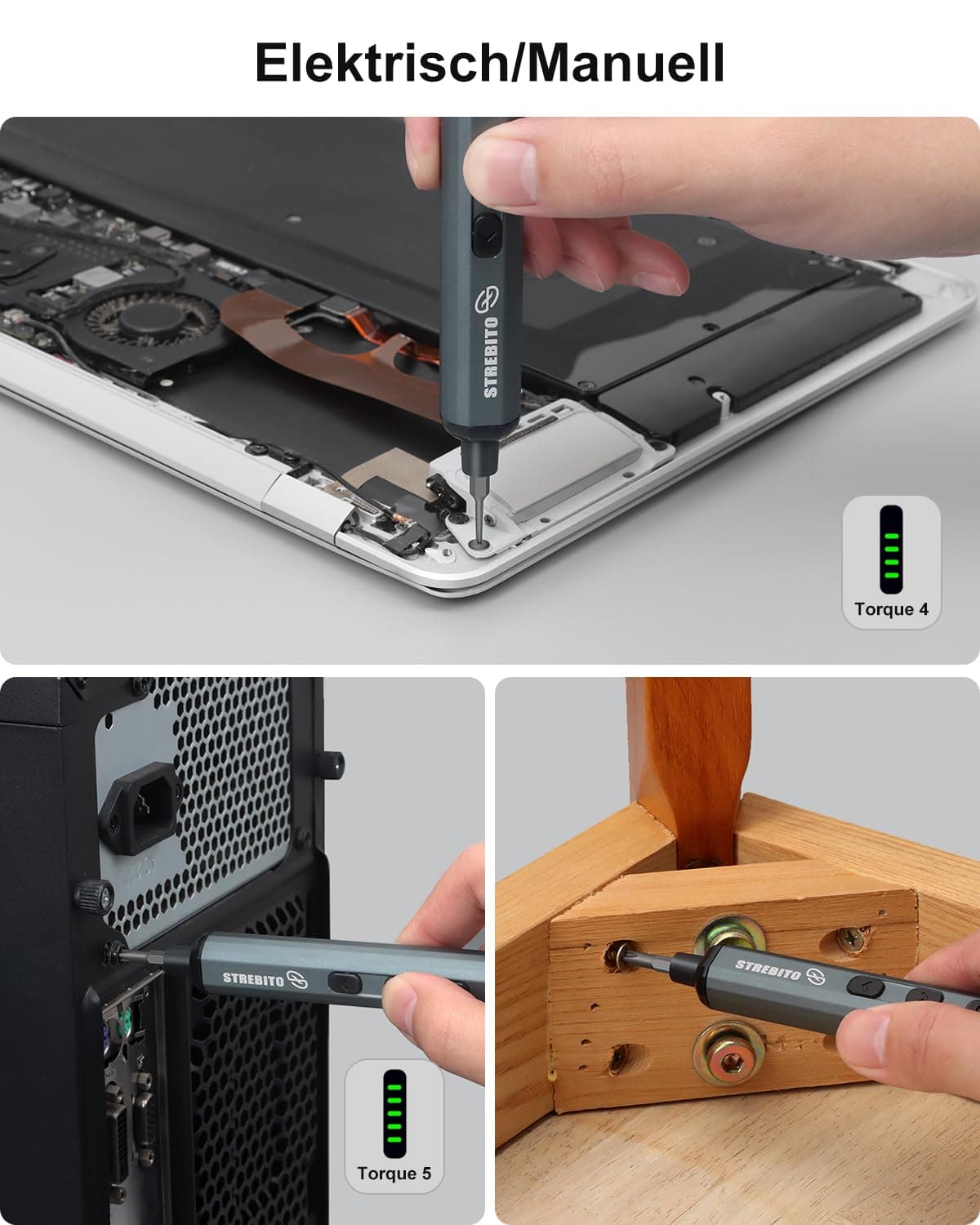 STREBITO set șurubelniță electrică mini 70-în-1 fără fir - 64 vârfuri S2, 5 setări cuplu, 4 LED-uri