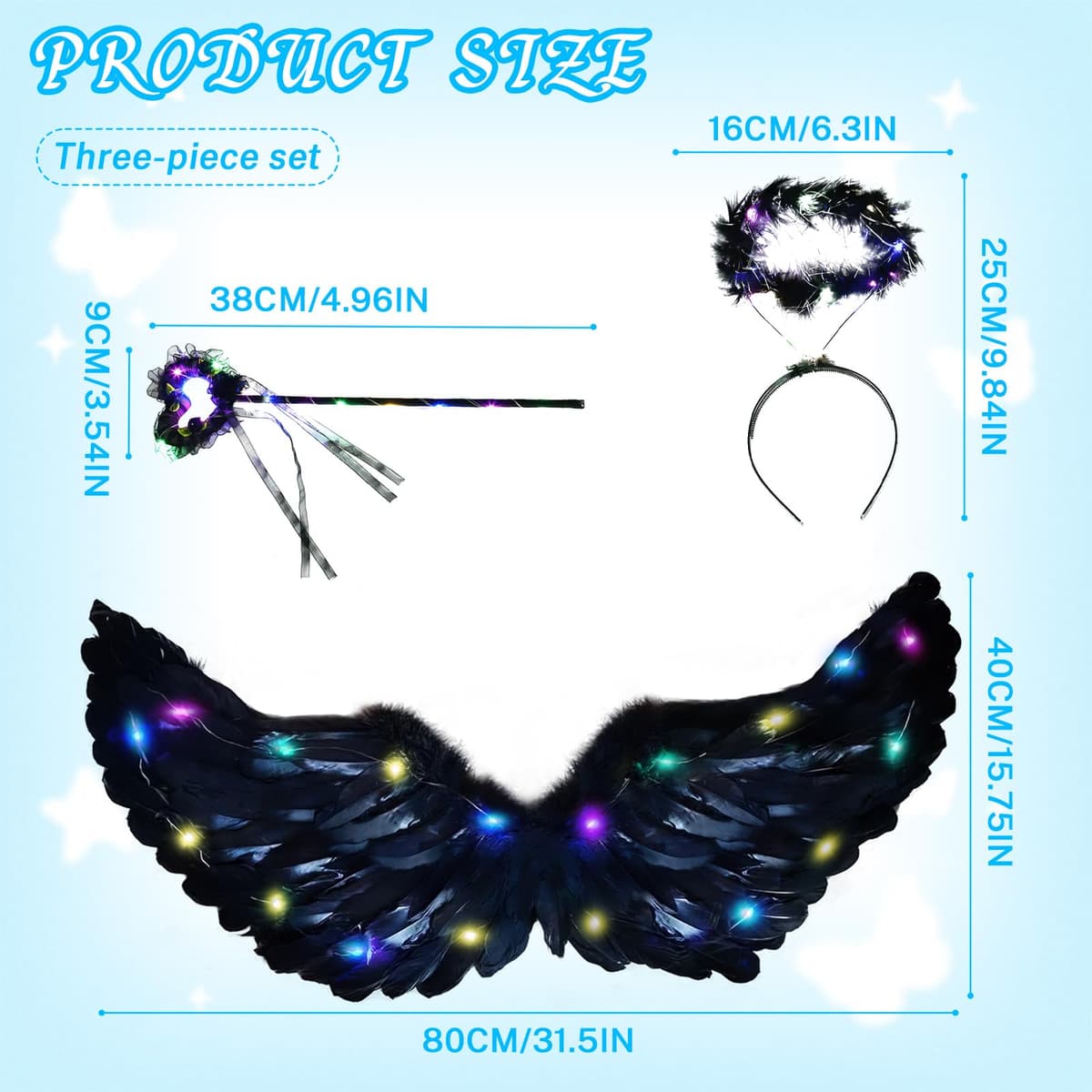 Aripi înger luminoase cu LED și aureolă pentru costum femei – Negru