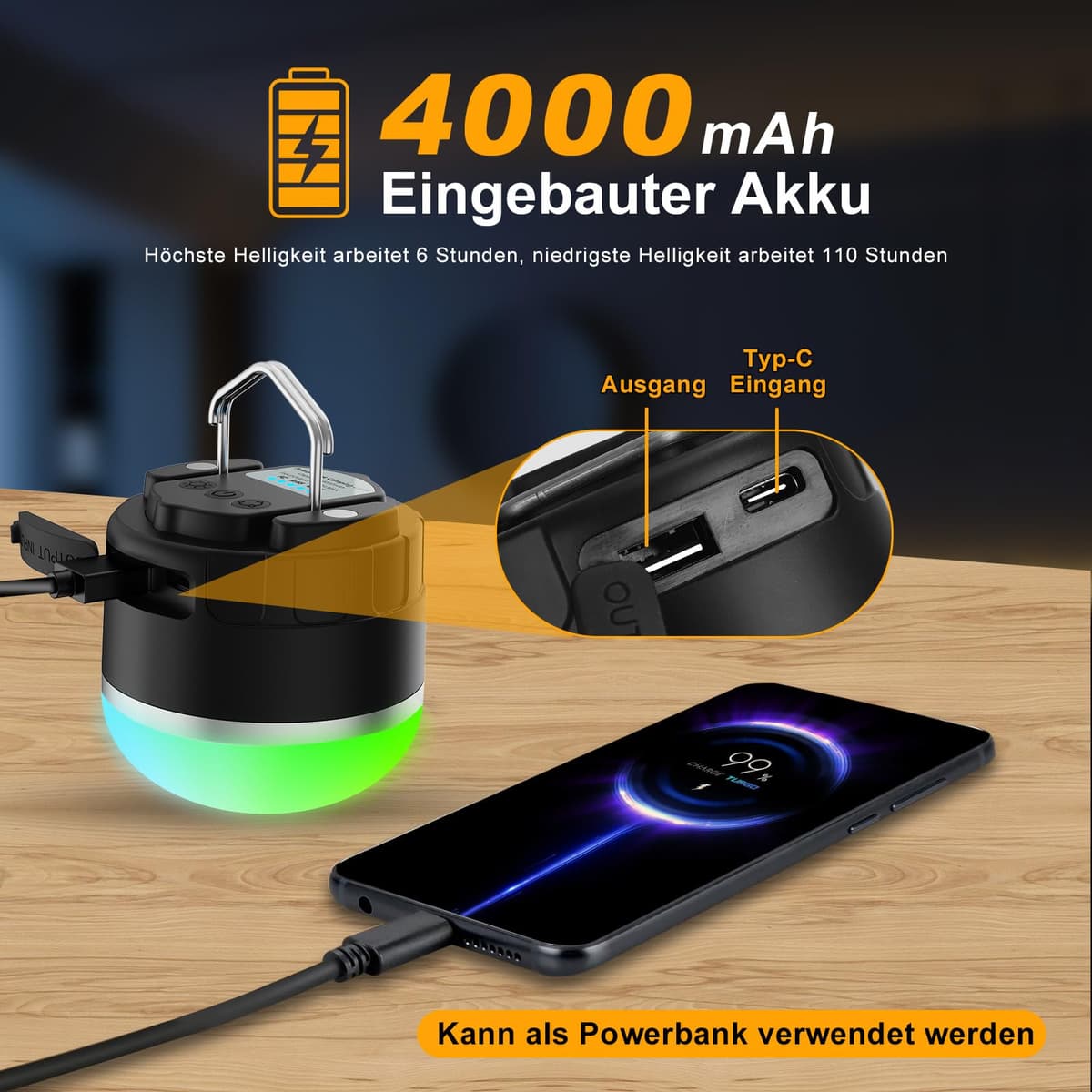 Lampă LED Camping Reîncărcabilă - Lampă Portabilă Cort cu Baterie 4000mAh, 12 Moduri Lumină RGB, Bază Magnetică, IP65 Rezistentă la Apă