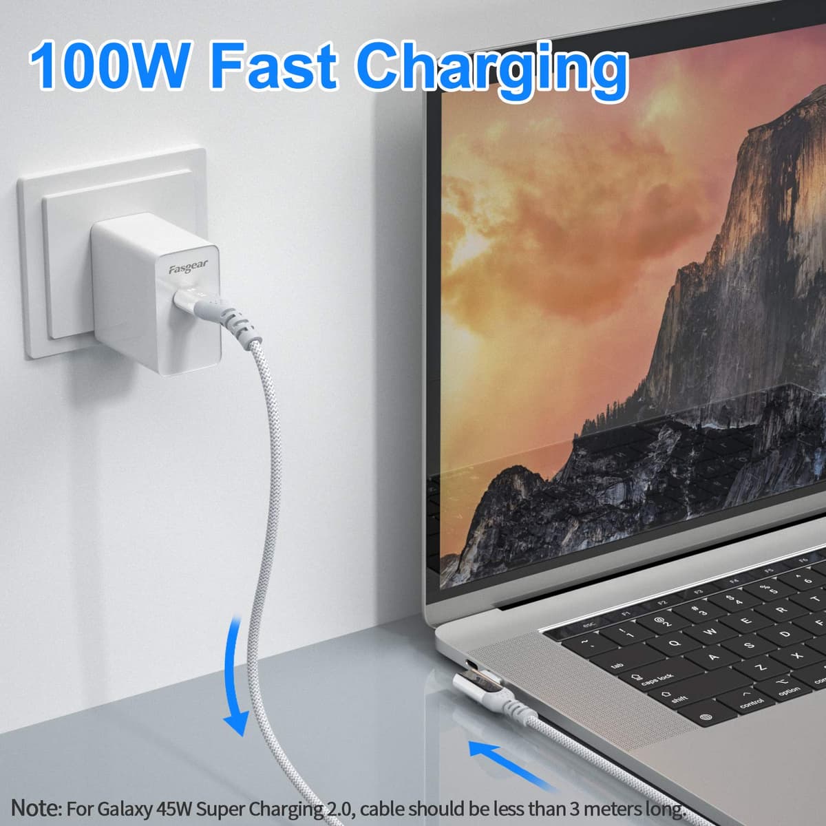 Fasgear cablu încărcare rapidă USB-C 100W conector 90 grade - alb 1m