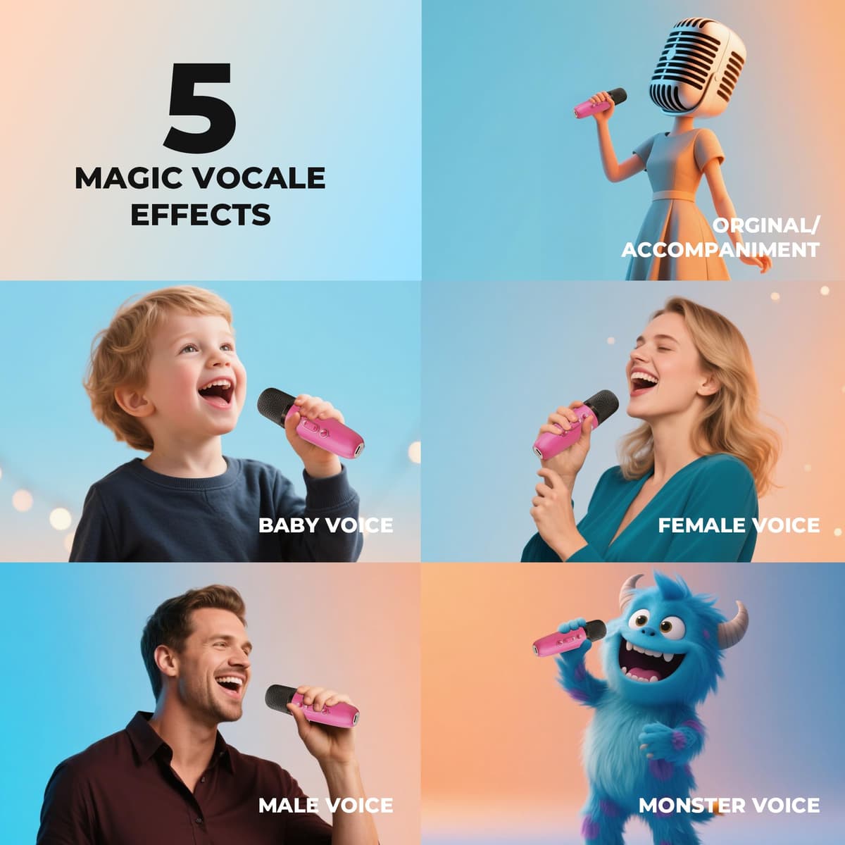 Mașină karaoke copii cu 2 microfoane, difuzor Bluetooth și lumini LED - roz închis