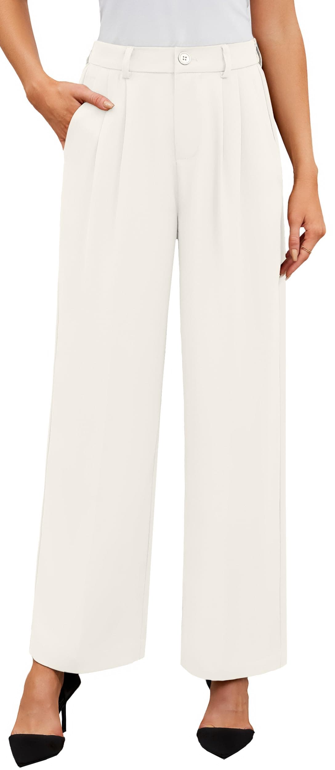 Pantaloni largi talie înaltă casual vară femei cu buzunare – bej S