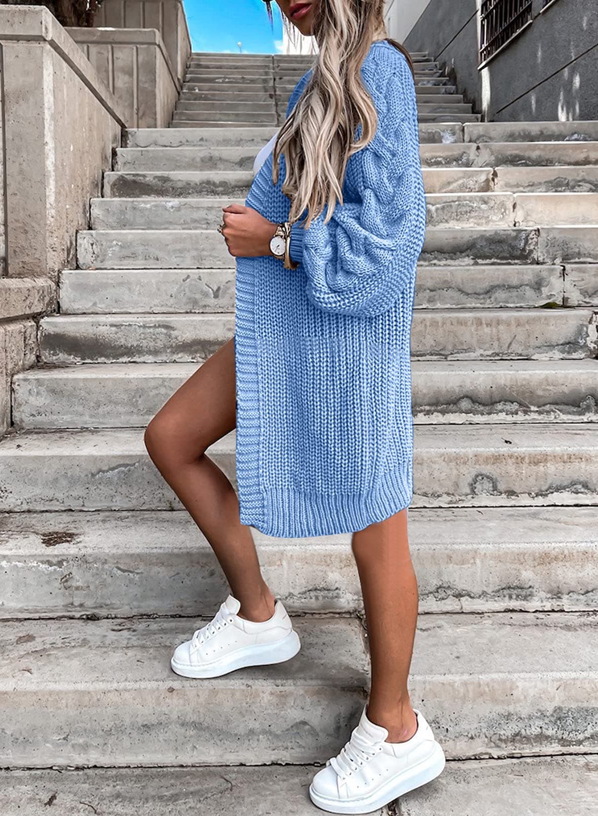 Cardigan Lung Femei Pulover Tricotat Gros Palton Toamnă/Iarnă – Albastru Cer L