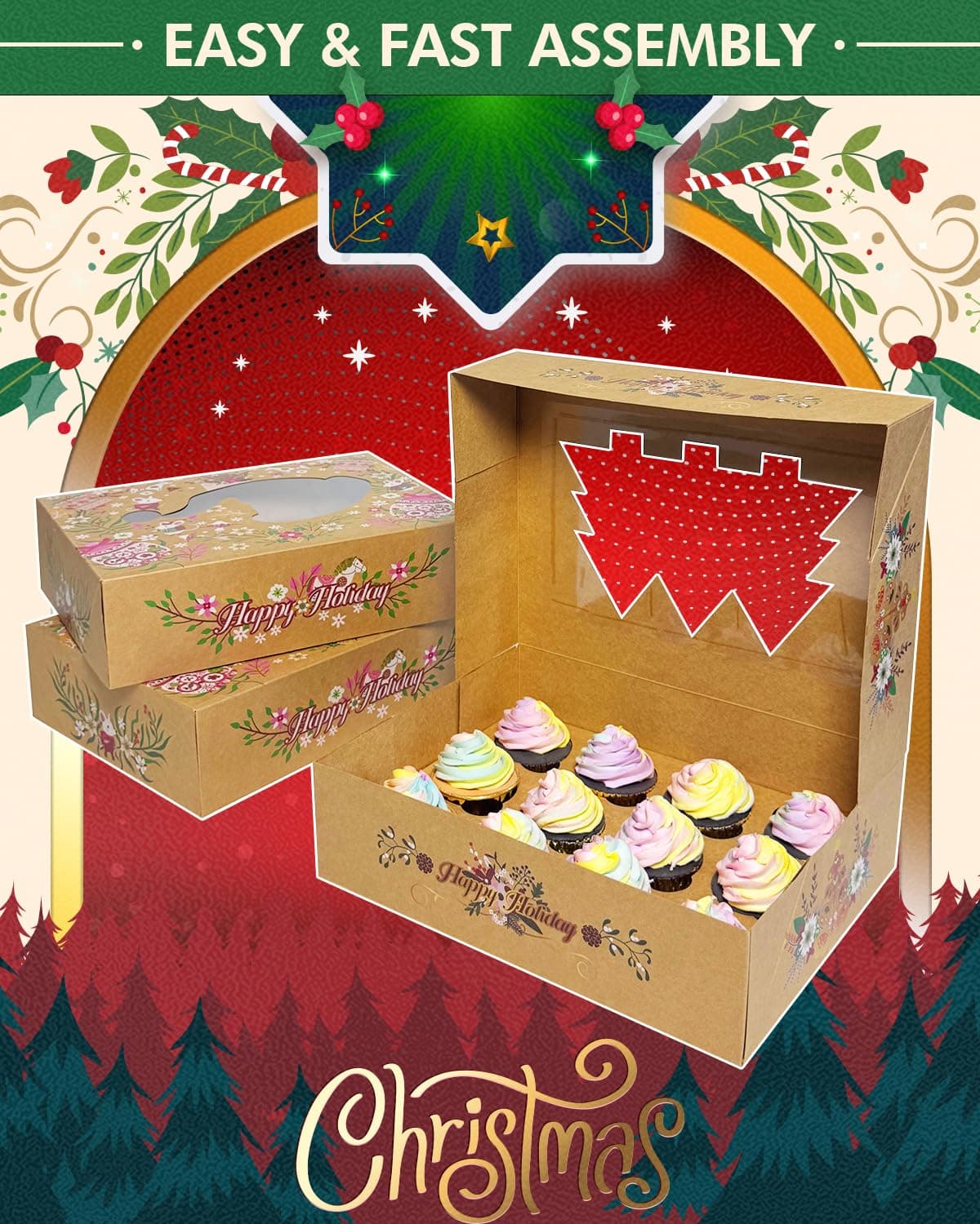 Gcardist Cutii prăjituri Crăciun 12 bucăți cu fereastră – 33x25.4x8.89 cm