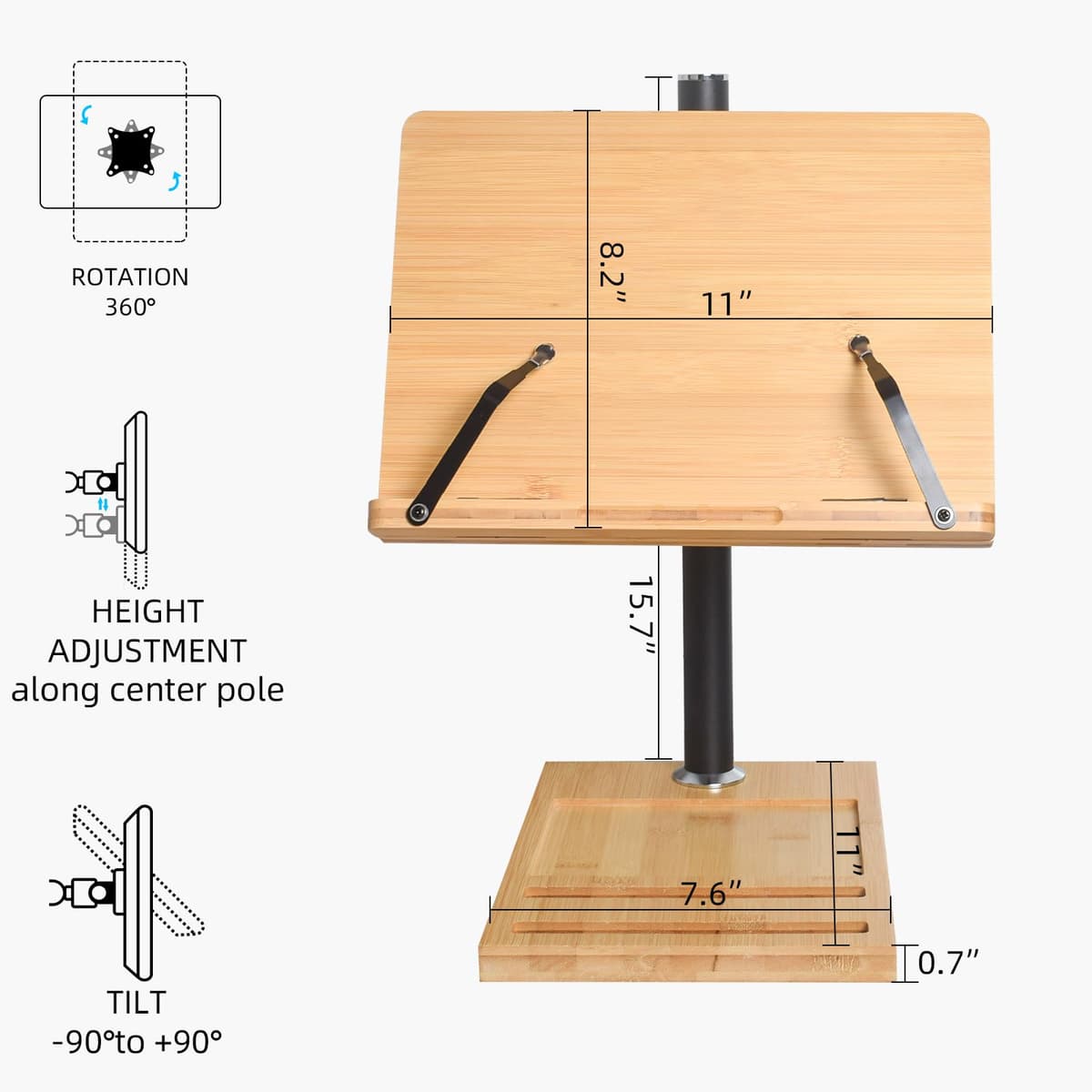 Suport cărți reglabil cu slot telefon și clipsuri laterale – Negru 27.9 x 20.6 cm