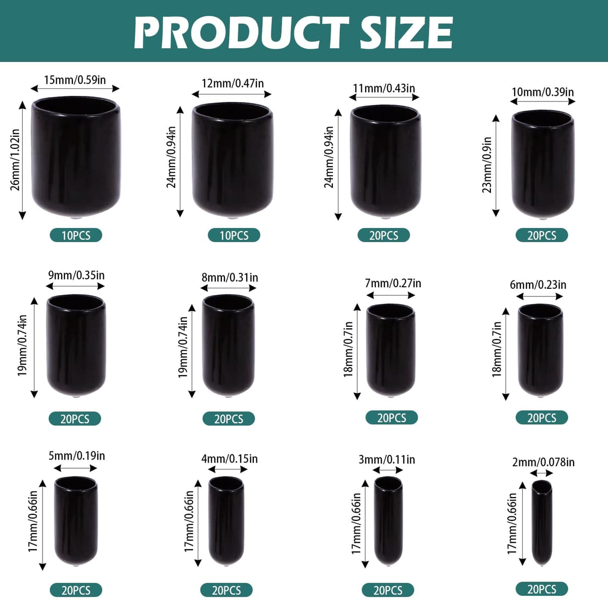 Capace protectoare din cauciuc 220buc PVC pentru tuburi 12 dimensiuni – negru