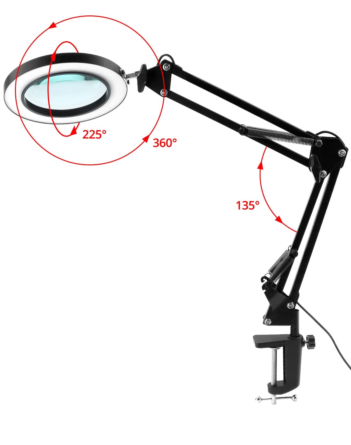 QWORK® Lupă cu lumină, lampă lupă cu clemă și suport, 10X, 3 moduri culoare, 10 niveluri luminozitate - negru