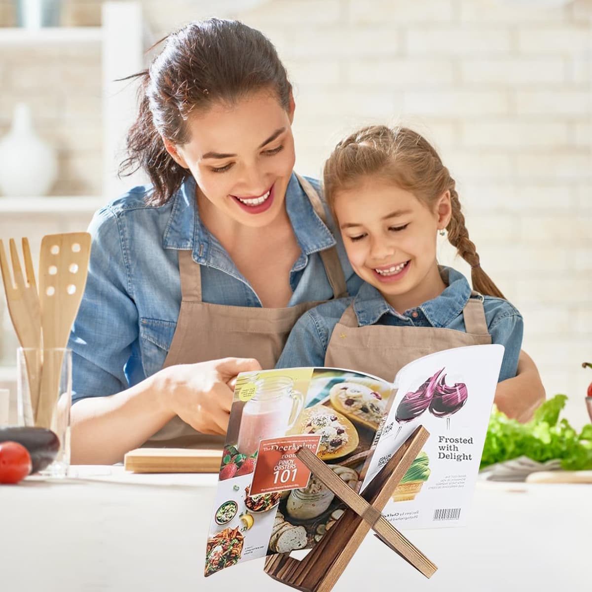 Suport carte bucătărie, suport carte din lemn, suport rețete bucătărie, suport carte pentru citit, suport afișaj, decorațiune vintage maro