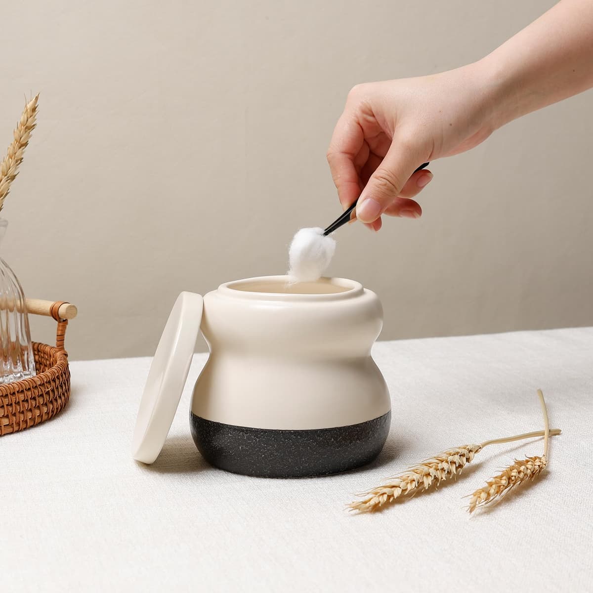 BosilunLife Set baie ceramic 4 piese cu dispenser săpun, pahar periuță (bej)