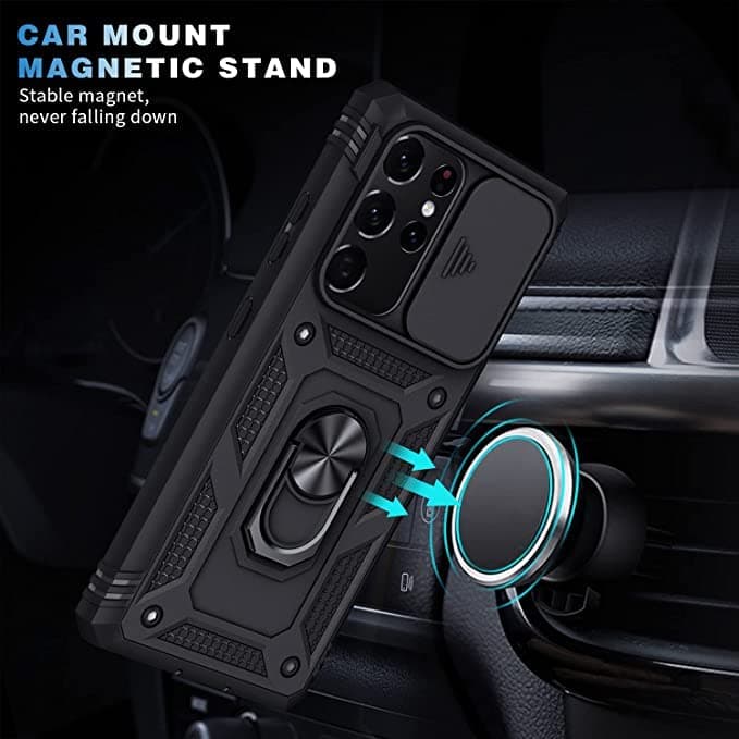 Husă Whyzshiyi Samsung S22 Ultra 5G neagră inel rotativ stand anti-șoc militar