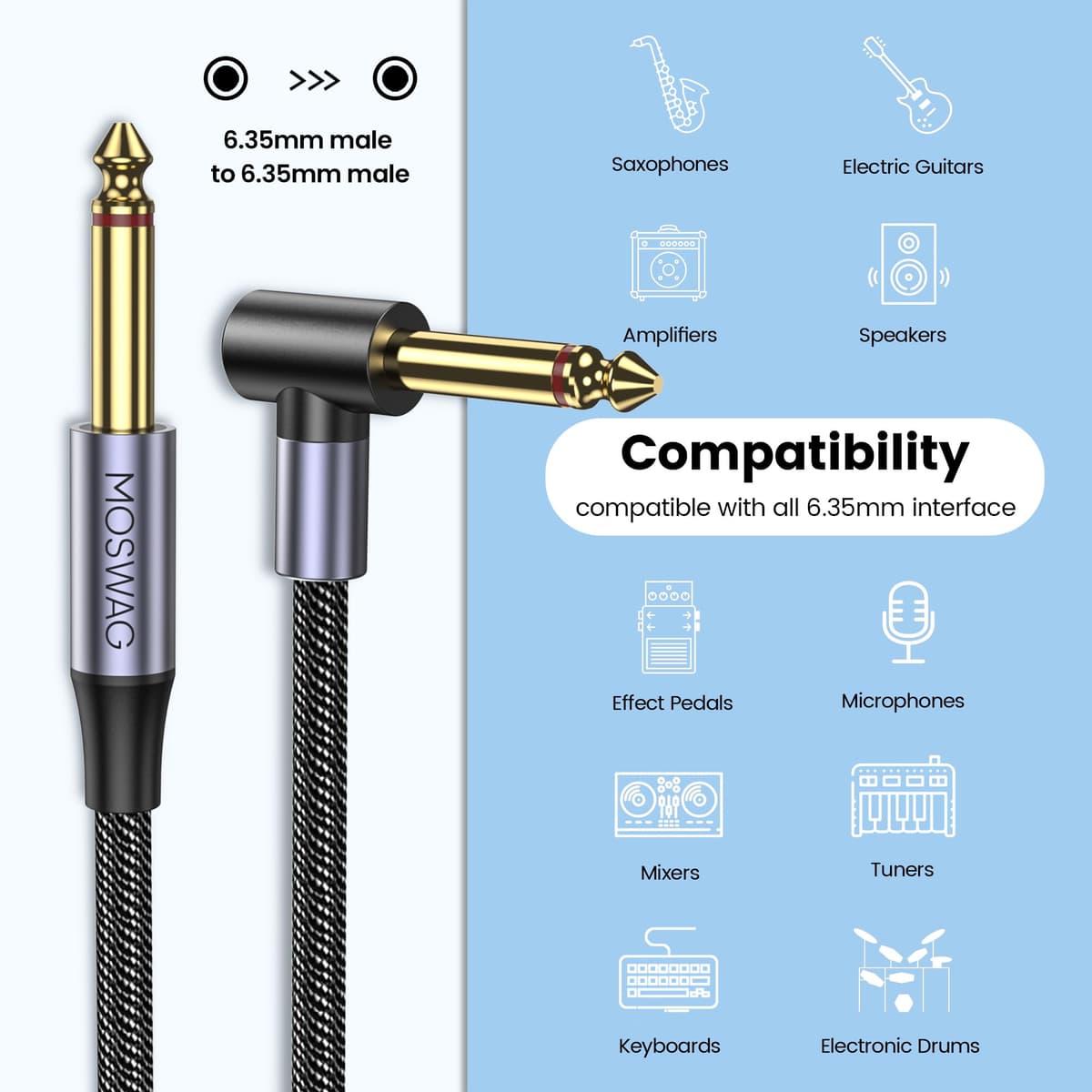 MOSWAG Cablu chitară electrică 3M, 90 grade bass AMP 6.35mm TS compatibil amplificator