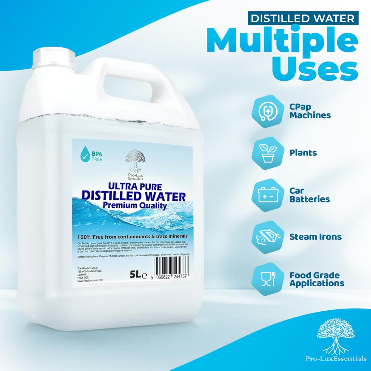 Apă distilată 100% pură, calitate înaltă pentru CPAP, fiare, umidificatoare, motoare, UK (5 litri)