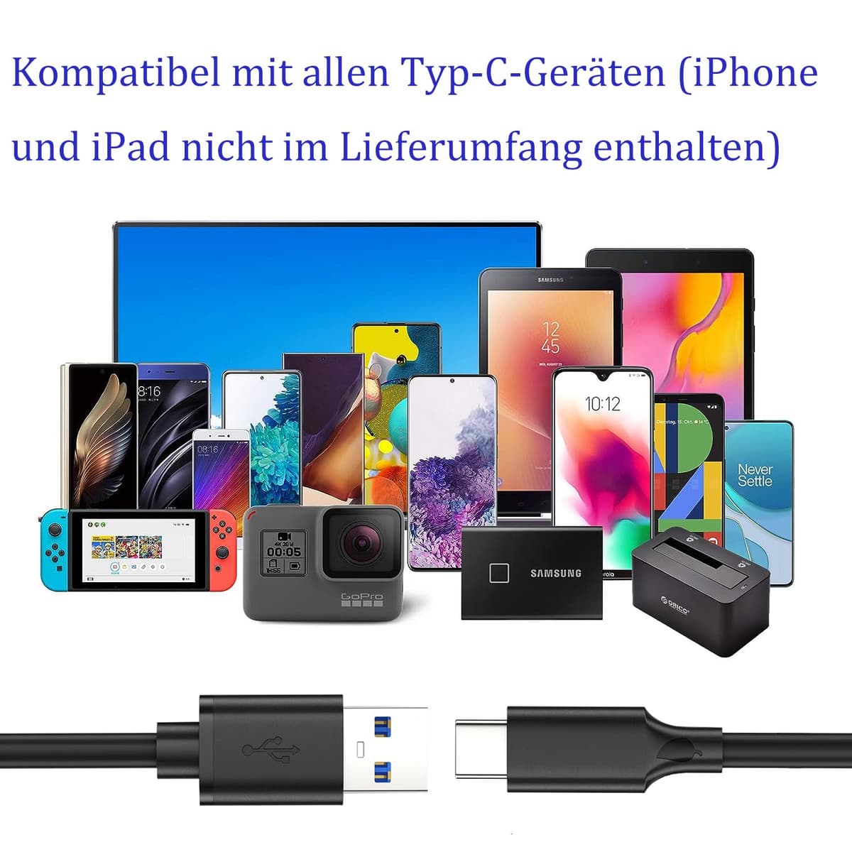 VMOJO Cablu USB-C la USB-A 3.0 60W încărcare rapidă, viteză 400Mbps, pentru Samsung Galaxy, tablete, laptopuri, 0.5m