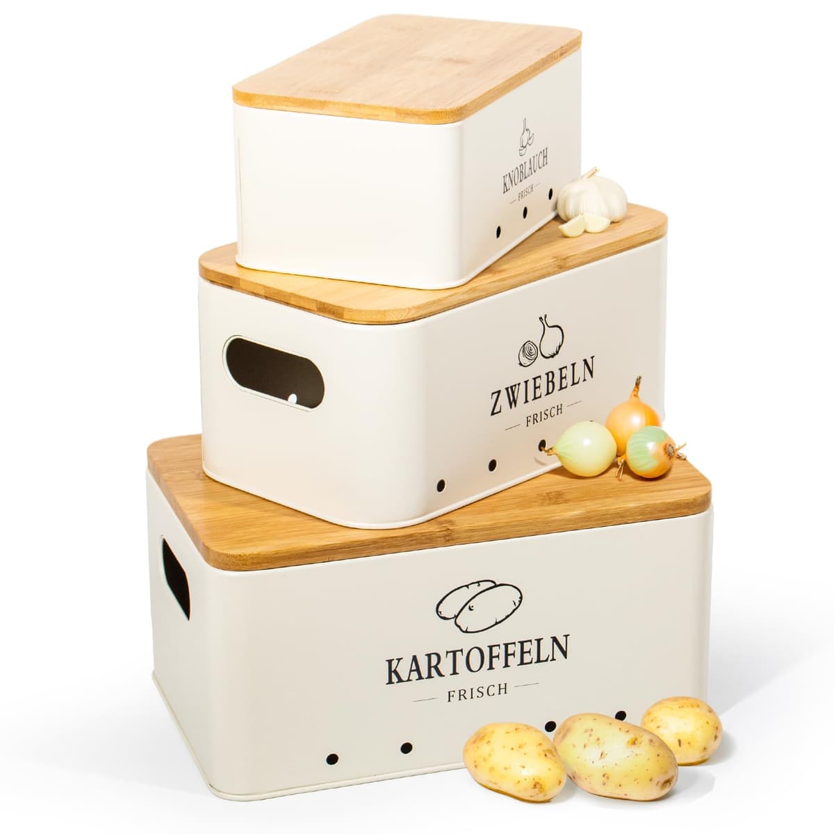 Theo&Cleo cutie depozitare cartofi, set containere 3 bucăți, depozitare bucătărie cartofi, ceapă și usturoi, păstrează proaspăt mai mult timp (bej mat)