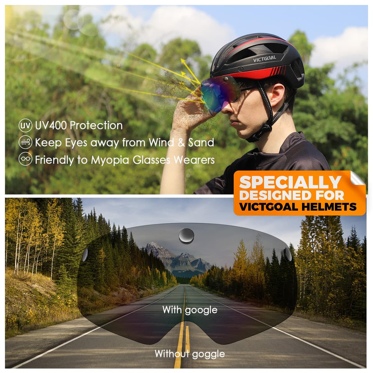 VICTGOAL ochelari cască bicicletă magnetici vizieră anti-vânt - transparent