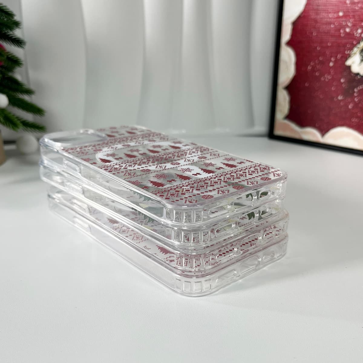 ZTOFERA Husă Magnetică pentru iPhone 16 Pro, Husă Transparentă cu Model Flori Compatibilă MagSafe Încărcare Wireless, Protecție Șocuri - Roșu Crăciun