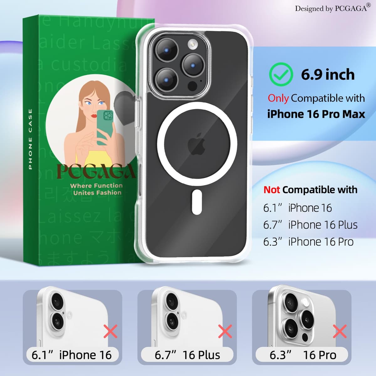 pcgaga husă iPhone 16 Pro Max (2024), compatibilă MagSafe, protecție militară airbag-uri alb