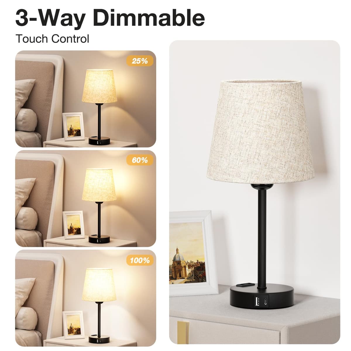 Kakanuo Lampă Noptieră Touch Dimmabilă Set 2, Lampă Masă cu Funcție Încărcare Porturi USB A+C Prize 2 Becuri LED, Abajur In